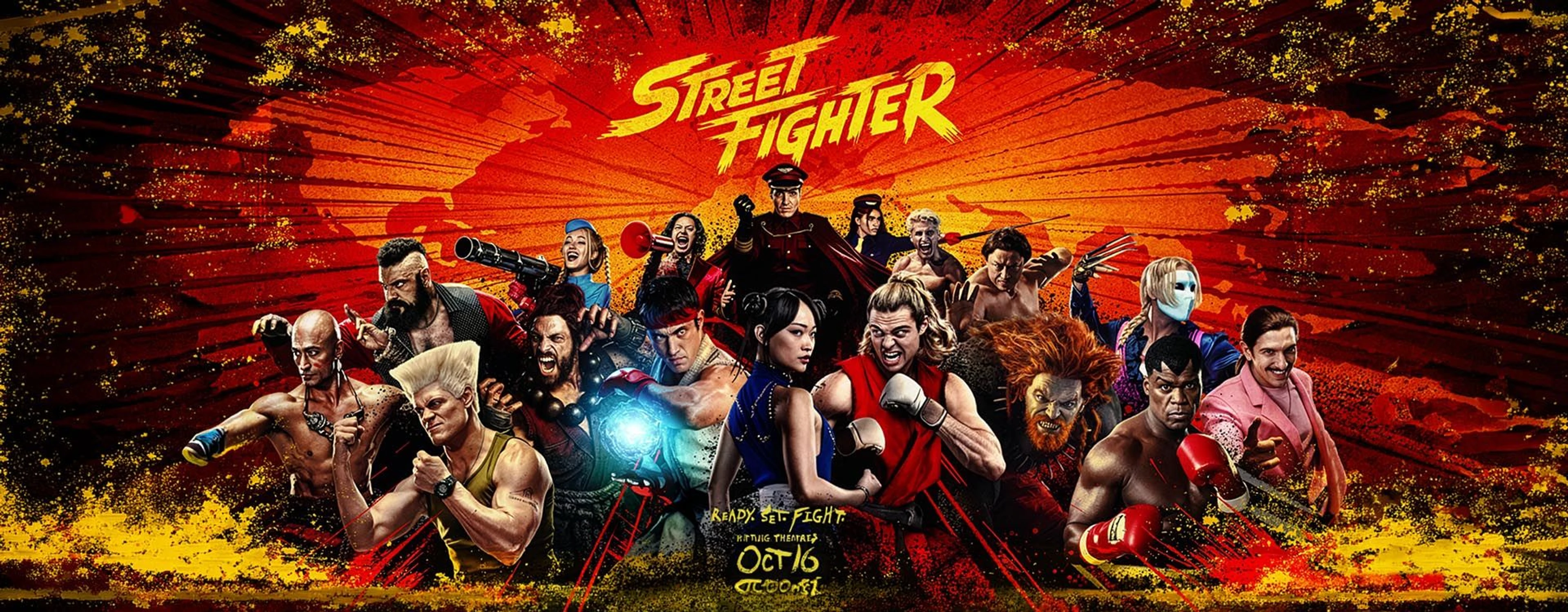 Official Street Fighter movie ensemble artwork shows Ryu, Chun-Li, Ken, and other World Warrior fighters against a red-and-yellow background.