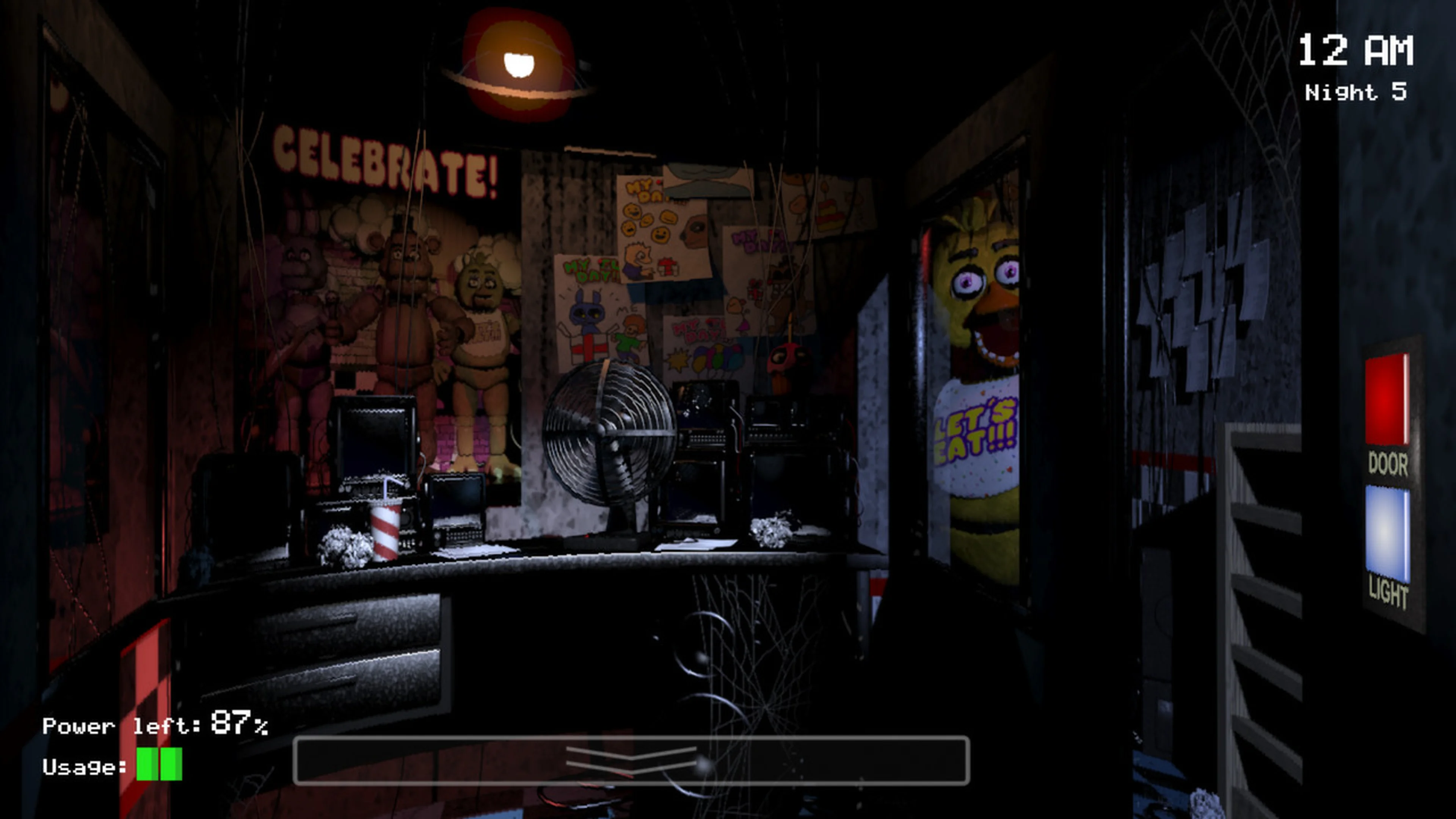 FNAF office with bottom-center double-chevron monitor handle, right DOOR and LIGHT controls, and Chica near the doorway.