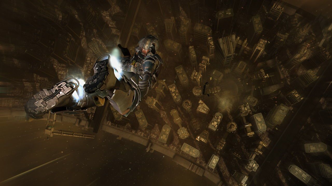 Isaac floats above a large station structure in a zero-gravity environment.
