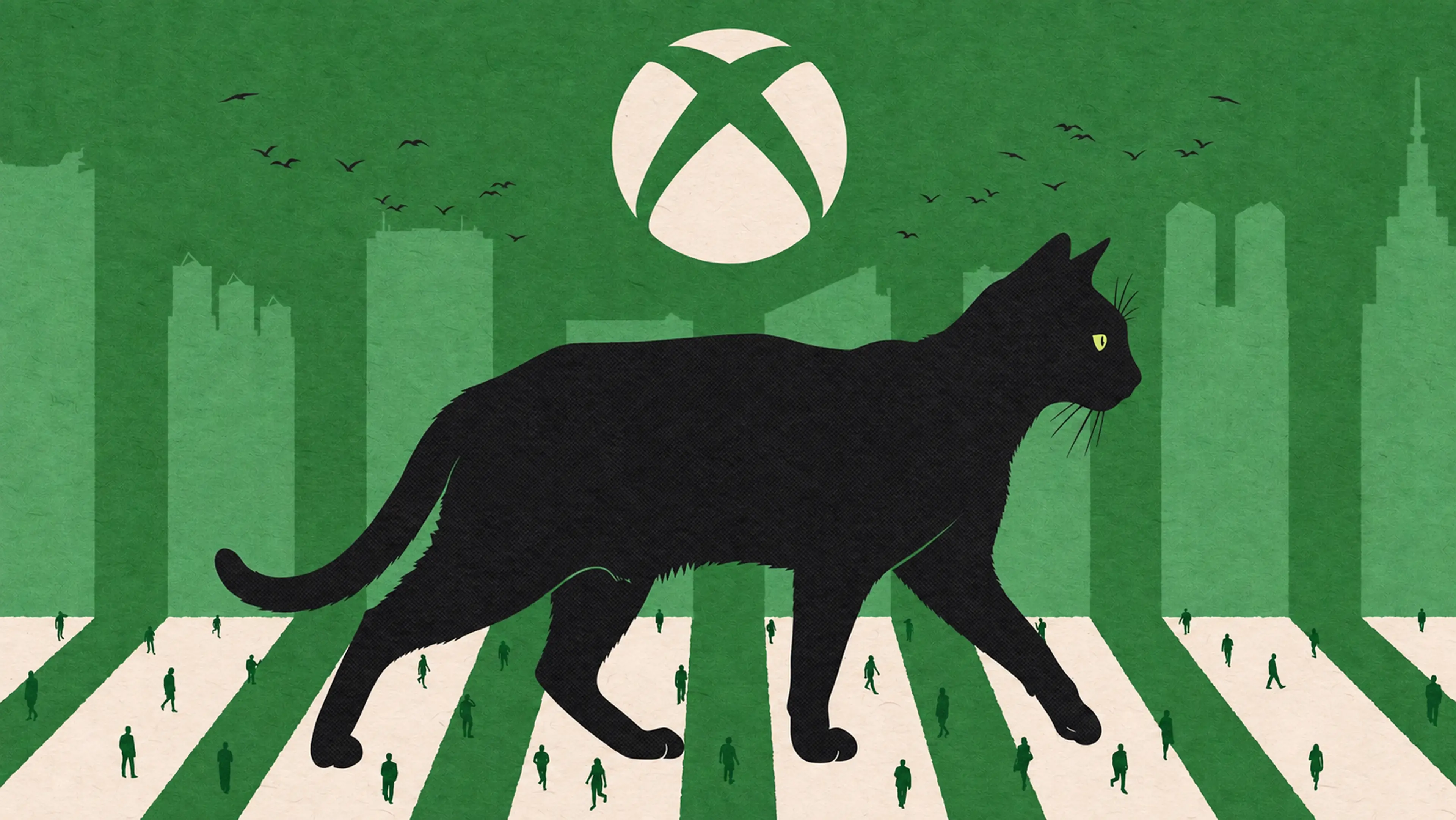 A black cat crosses a green cityscape beneath the Xbox symbol.