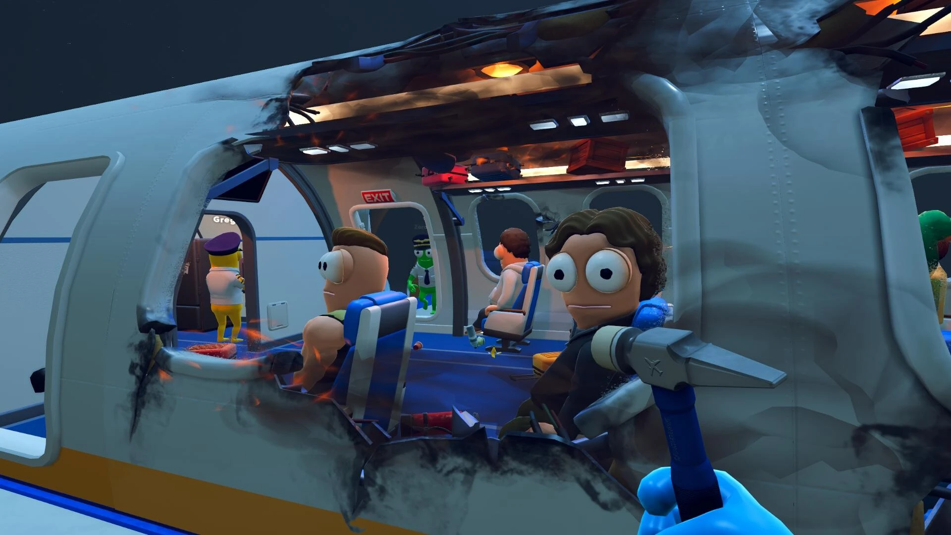 A crew member holds an axe beside passengers inside a heavily damaged airplane cabin in Dear Passengers.