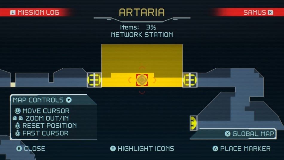 Metroid Dread map open at the Artaria network station, with map controls shown.