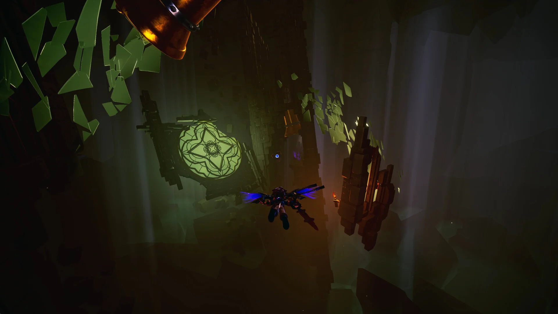 Zirian gliding through a large underground space in Duskfade