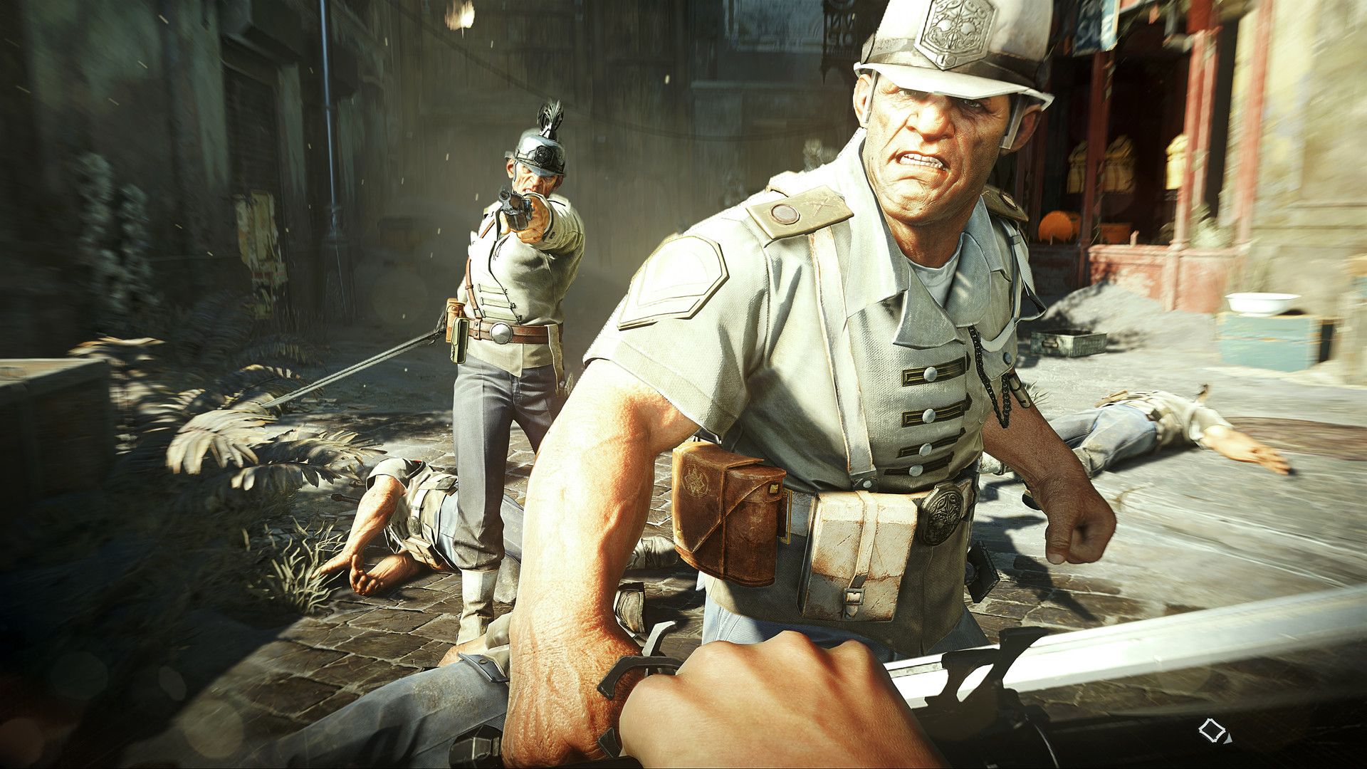 First-person view facing a guard on a Karnaca street.