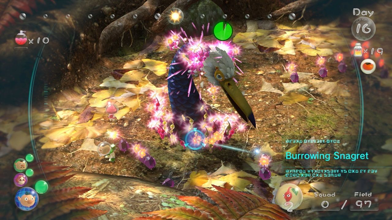 A boss fight fills the screen while different Pikmin types gather nearby.