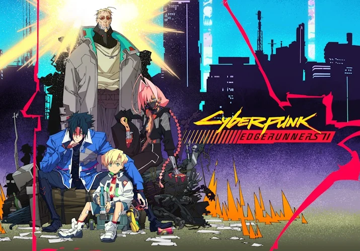 The new Cyberpunk: Edgerunners 2 crew stands together in official artwork from the anime’s website.