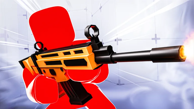 A red RIVALS fighter firing an orange rifle against a bright arena background