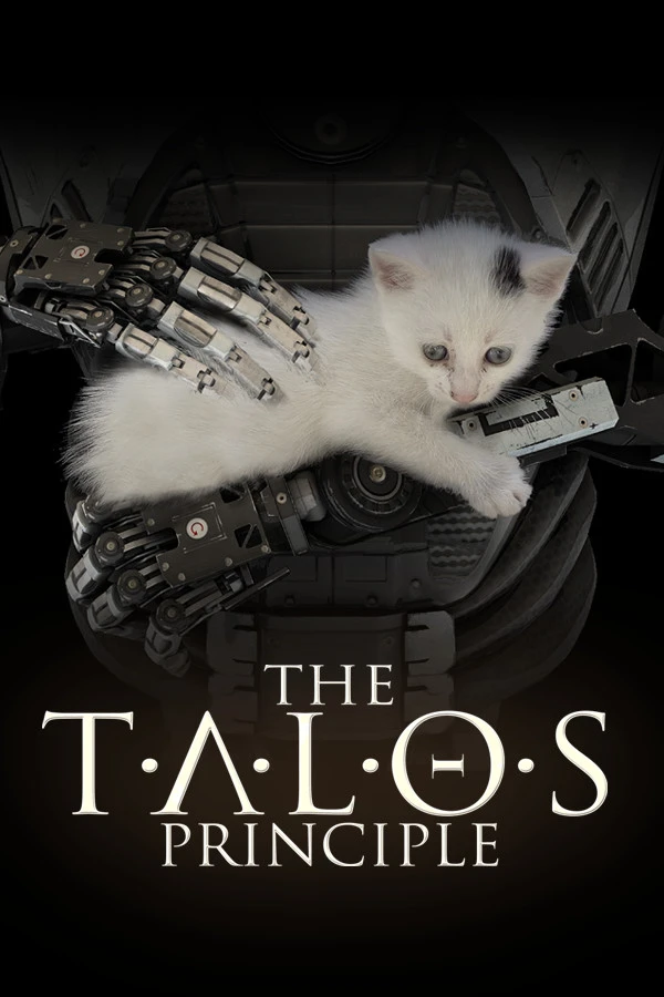 Official The Talos Principle cover showing robotic hands holding a white kitten above the native game title.