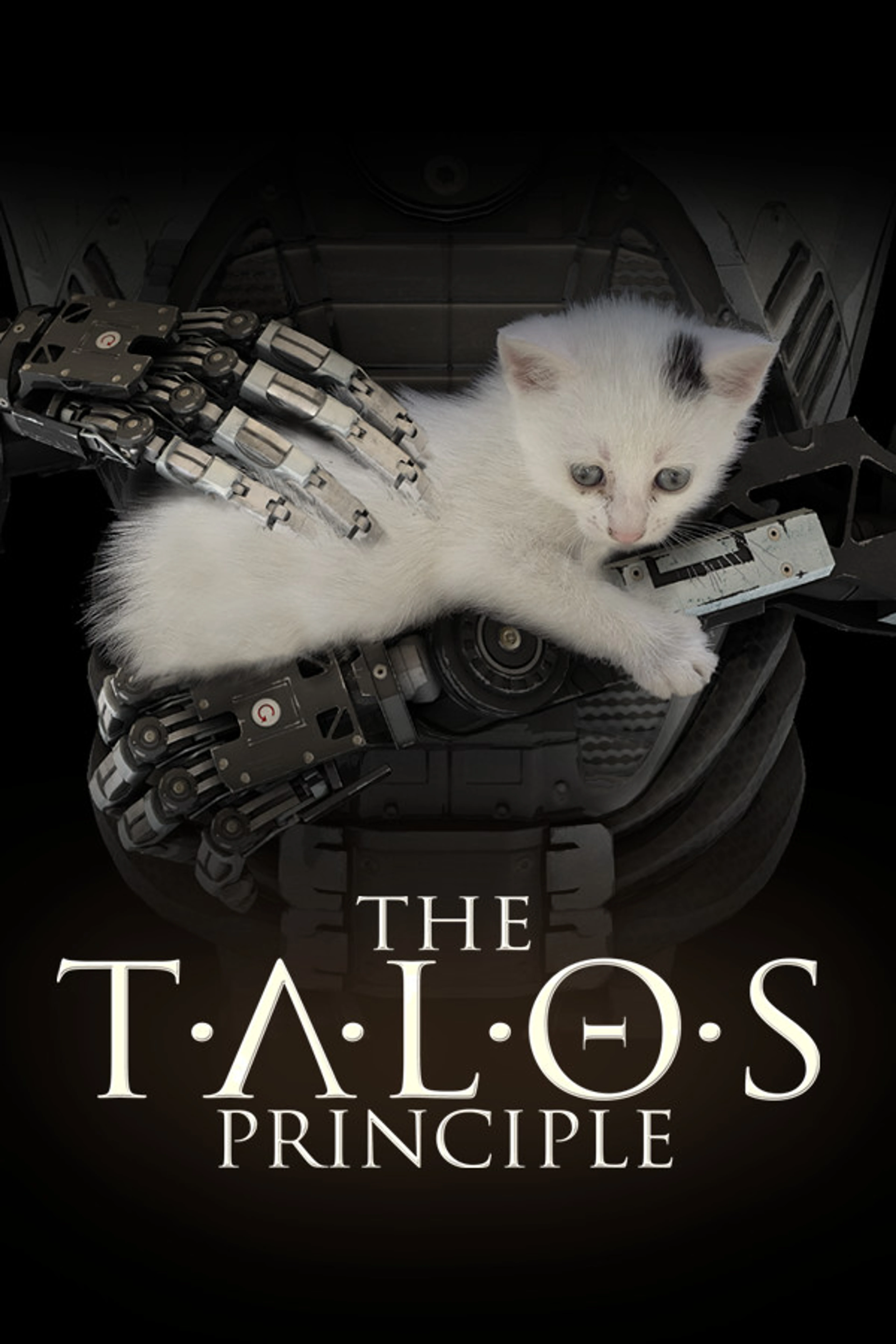Official The Talos Principle cover showing robotic hands holding a white kitten above the native game title.