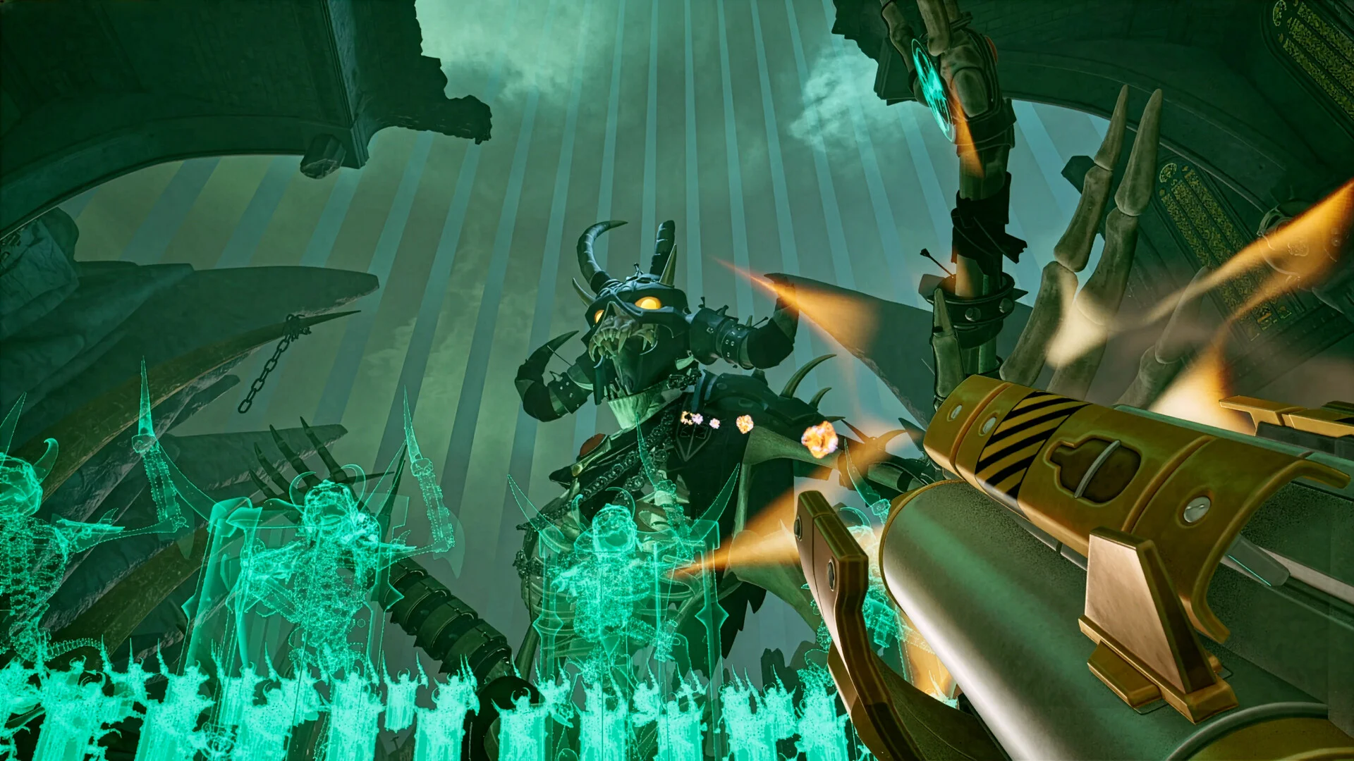 A player fires at a horned boss surrounded by spectral warriors in Serious Sam: Shatterverse.