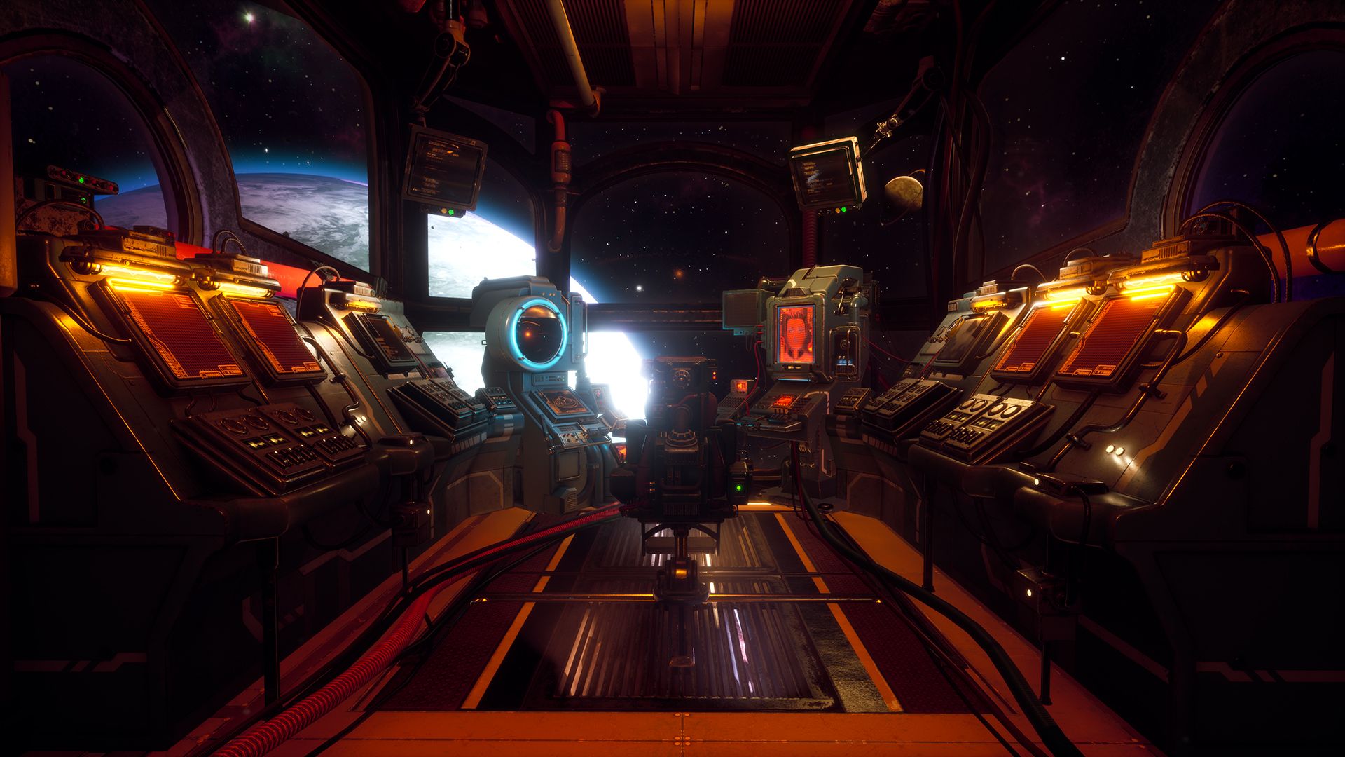 The inside of the player ship has a central door and equipment along the walls.