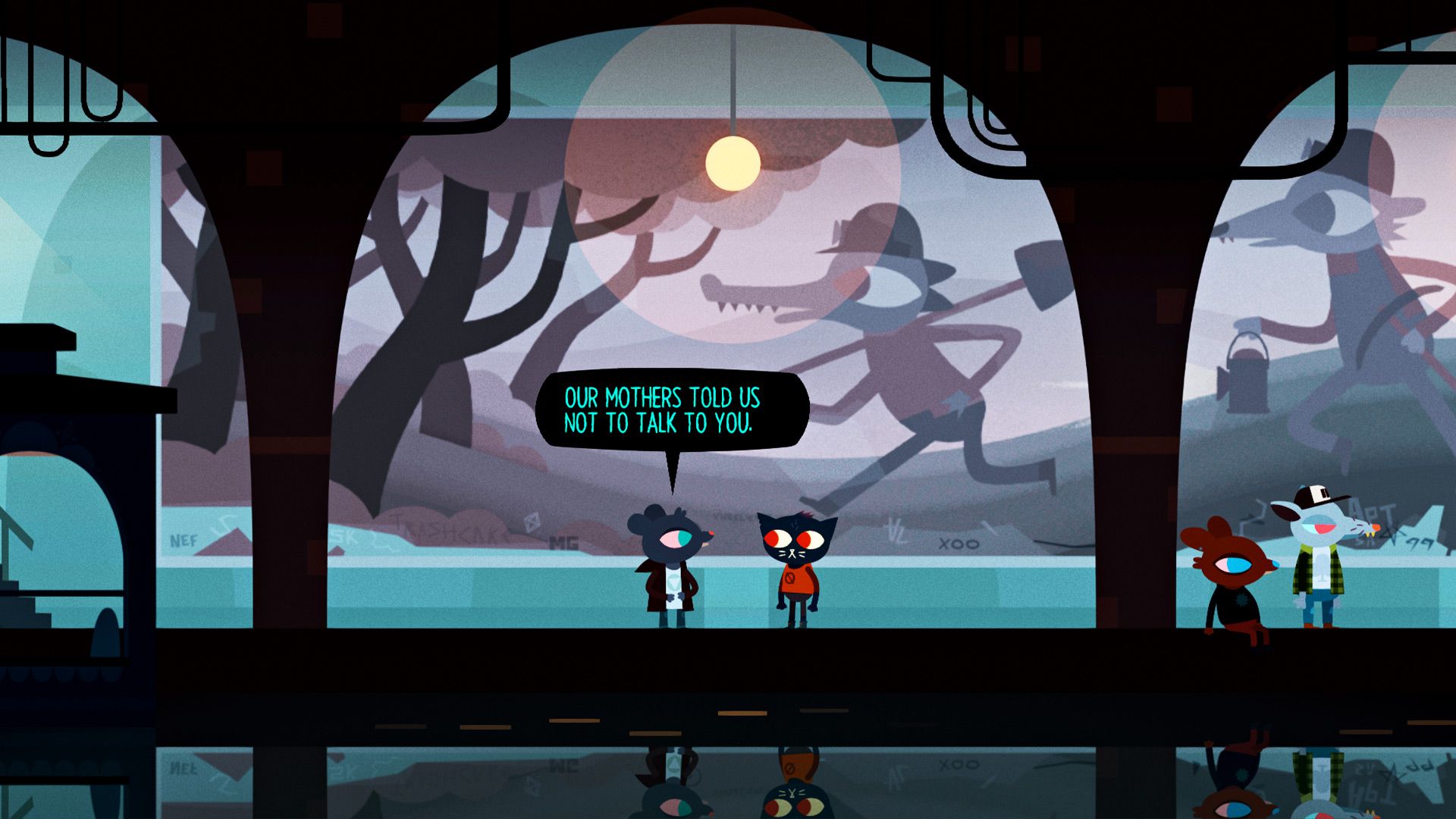Mae and other characters meet beneath bare trees at dusk.