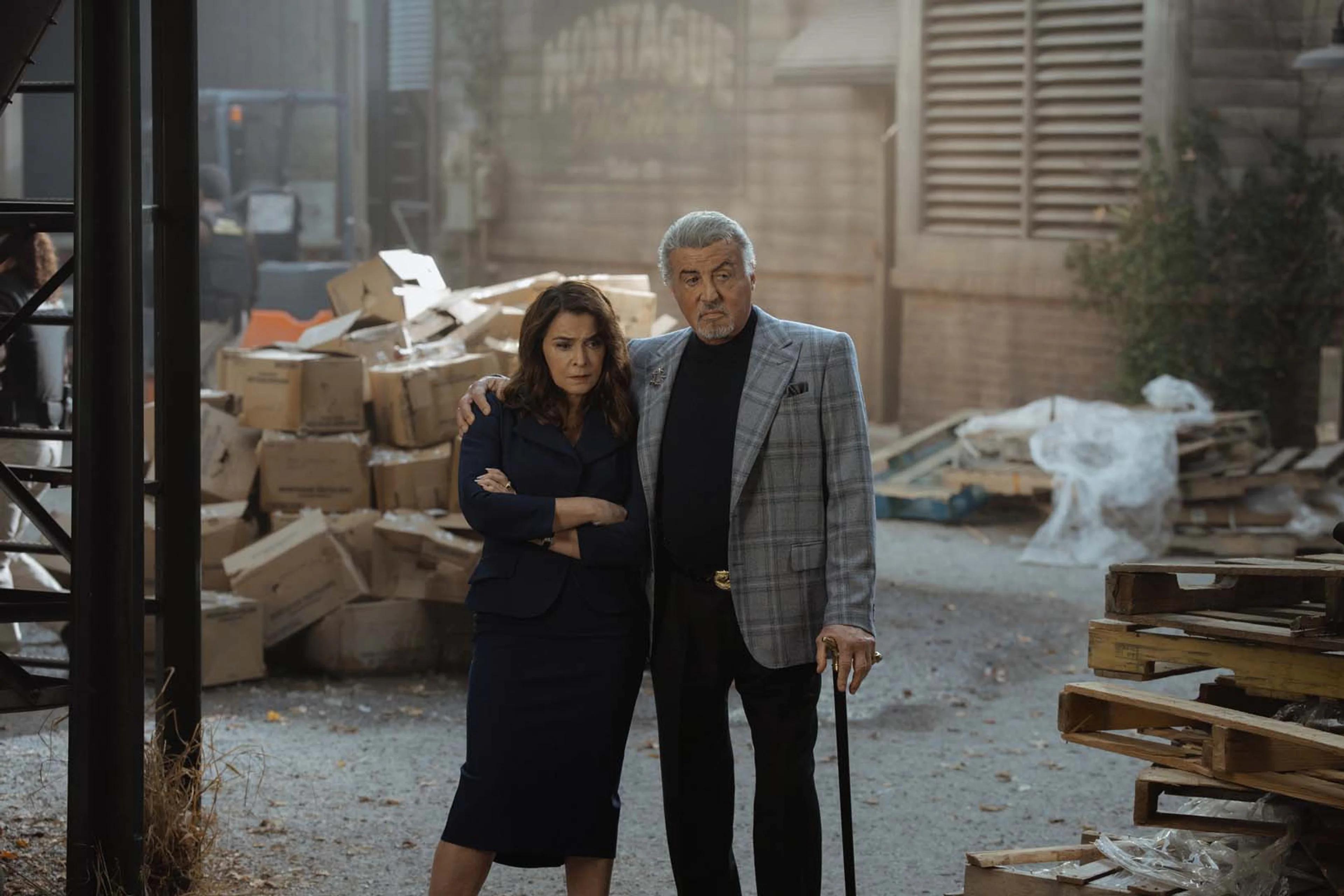 Annabella Sciorra as Joanne and Sylvester Stallone as Dwight in an official Tulsa King Season 4 photo.