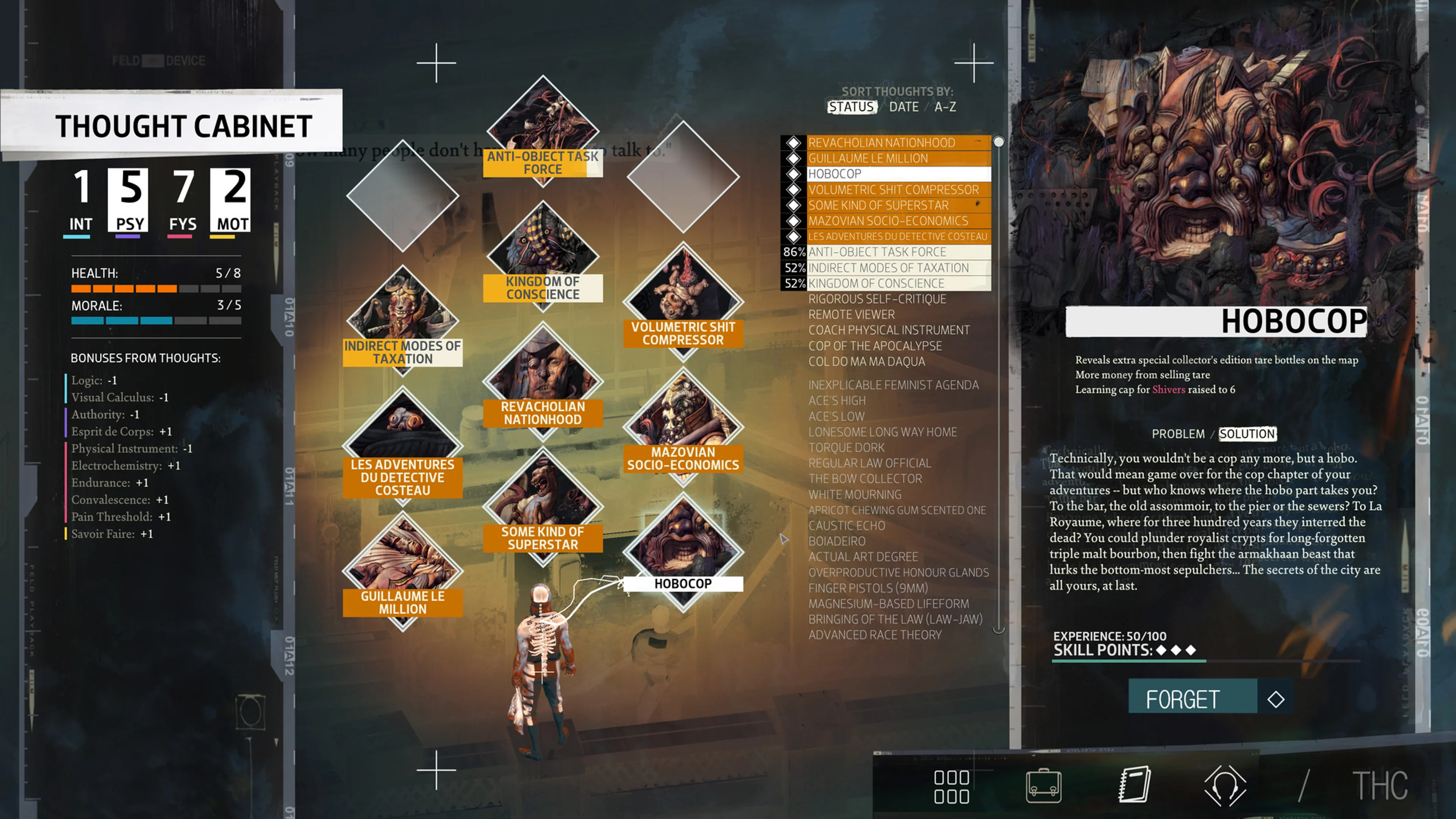 Official Thought Cabinet screen: diamond thought slots fill the centre, a list of named thoughts sits beside them, and Hobocop details appear in the right-hand panel.