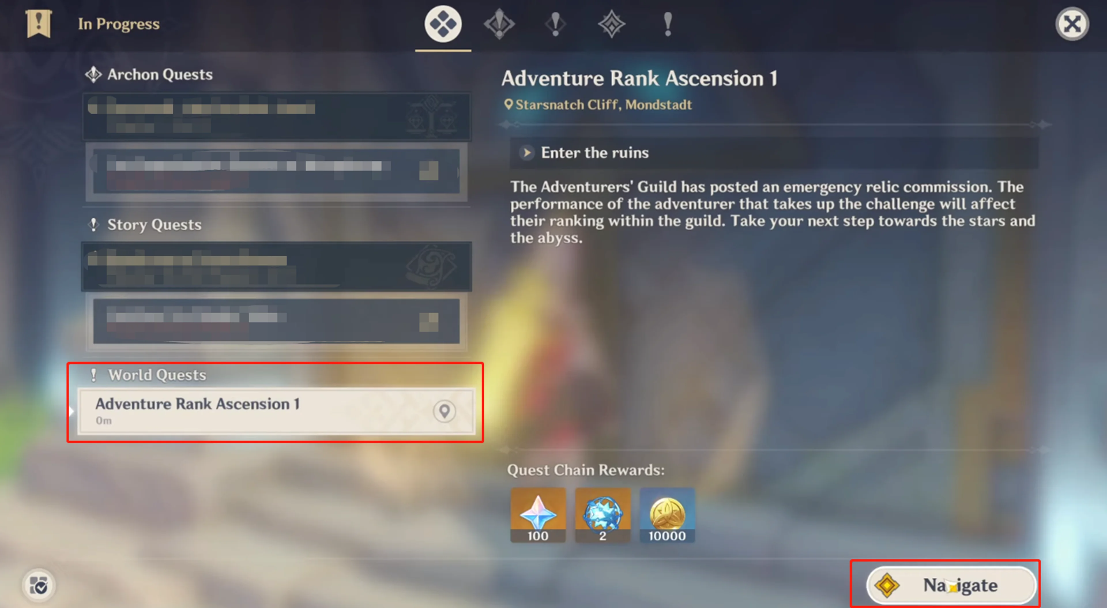 The Adventure Rank Ascension quest shown in Genshin Impact
