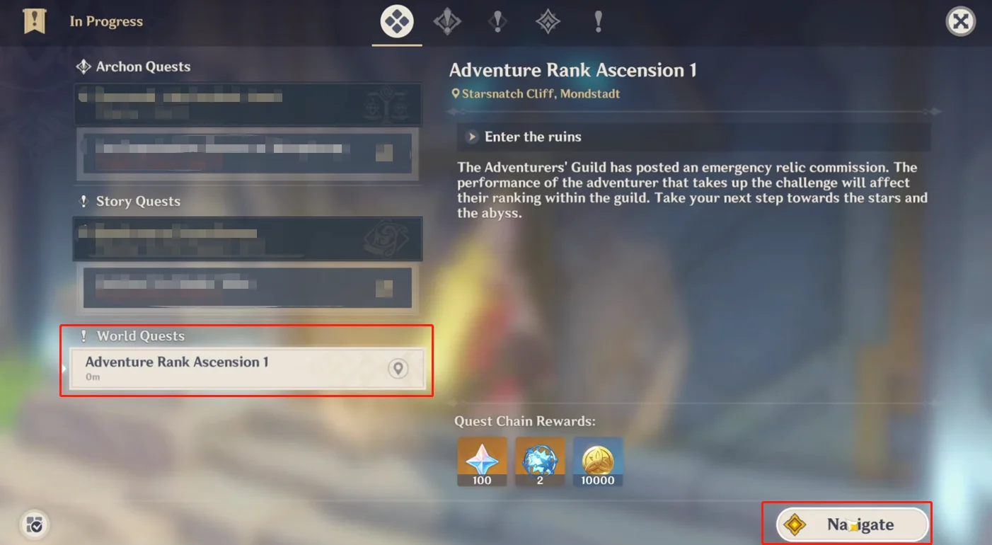 The Adventure Rank Ascension quest shown in Genshin Impact