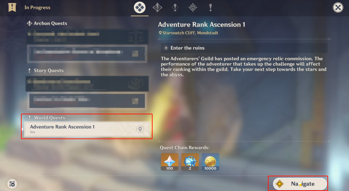 The Adventure Rank Ascension quest shown in Genshin Impact