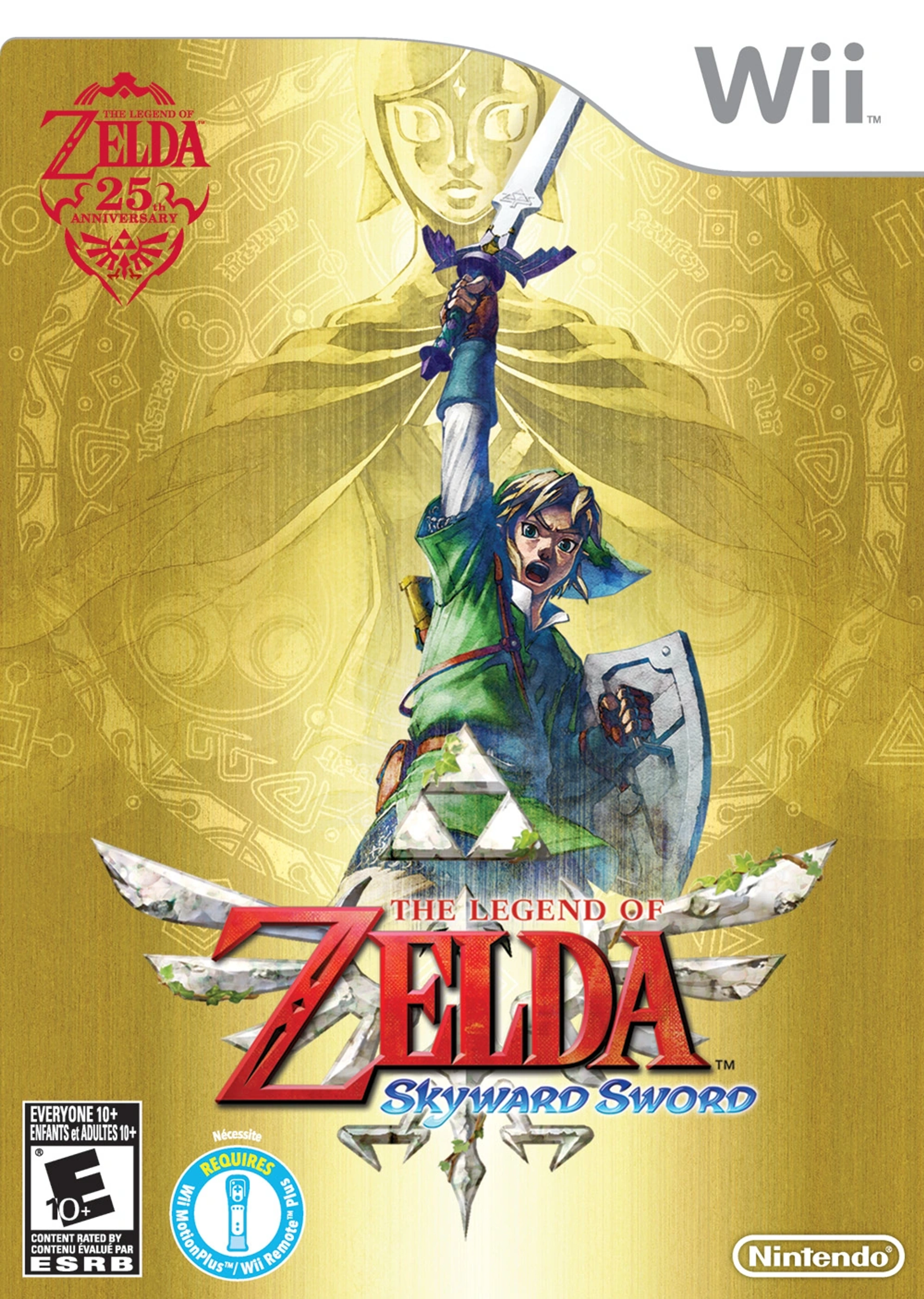 Official original North American Wii Skyward Sword cover, with Link raising his sword, gold character art, the native title and the Wii MotionPlus requirement.
