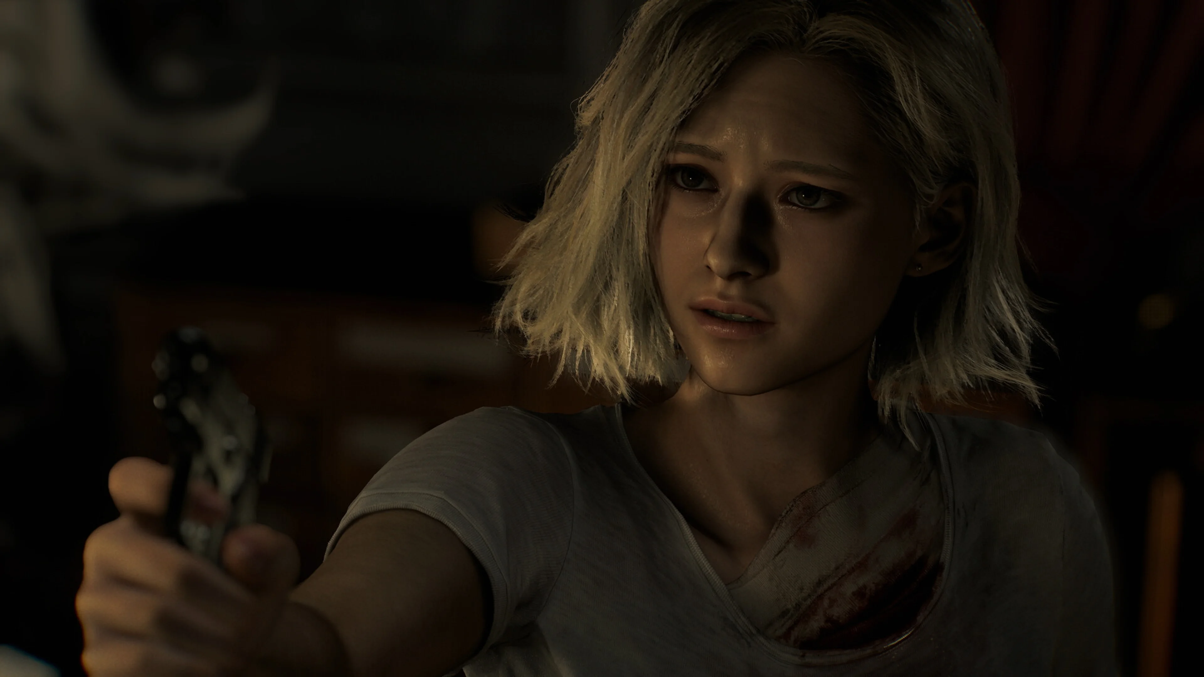 Grace Ashcroft points a handgun toward something outside the frame in Resident Evil Requiem.