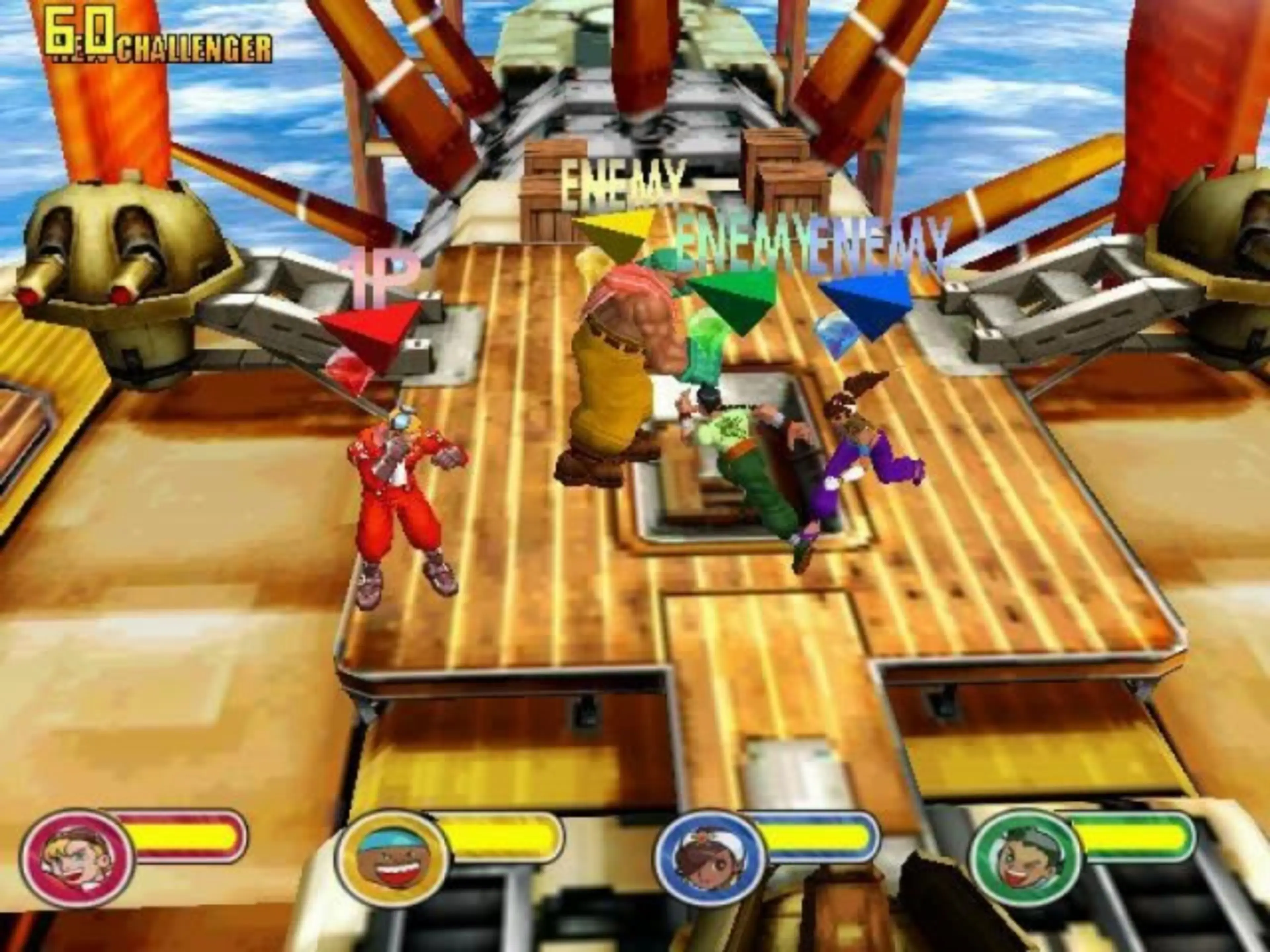 Four fighters battle on an airship stage in Power Stone 2.