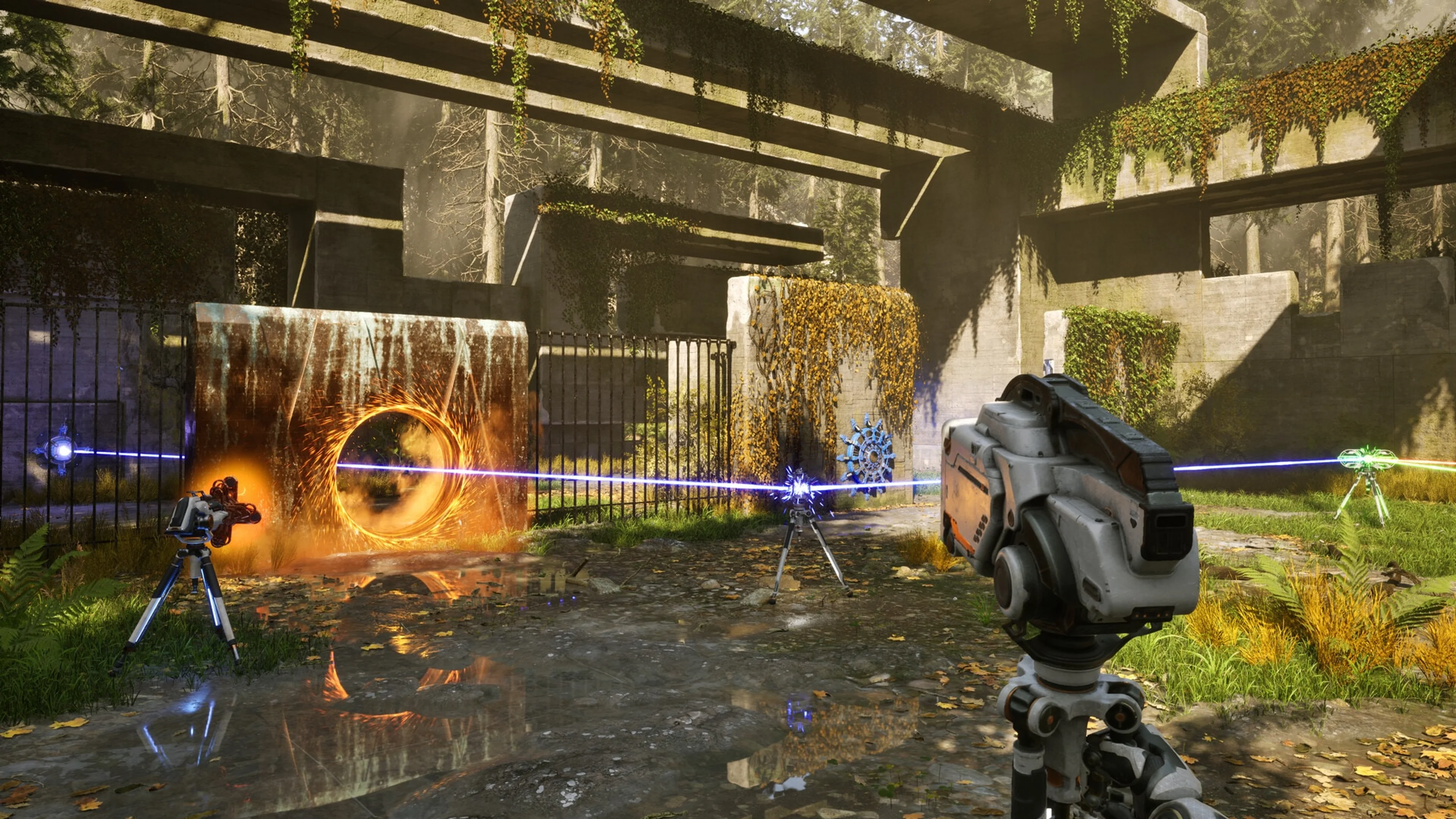 A robot routes colored energy beams through weathered ruins in The Talos Principle 2.