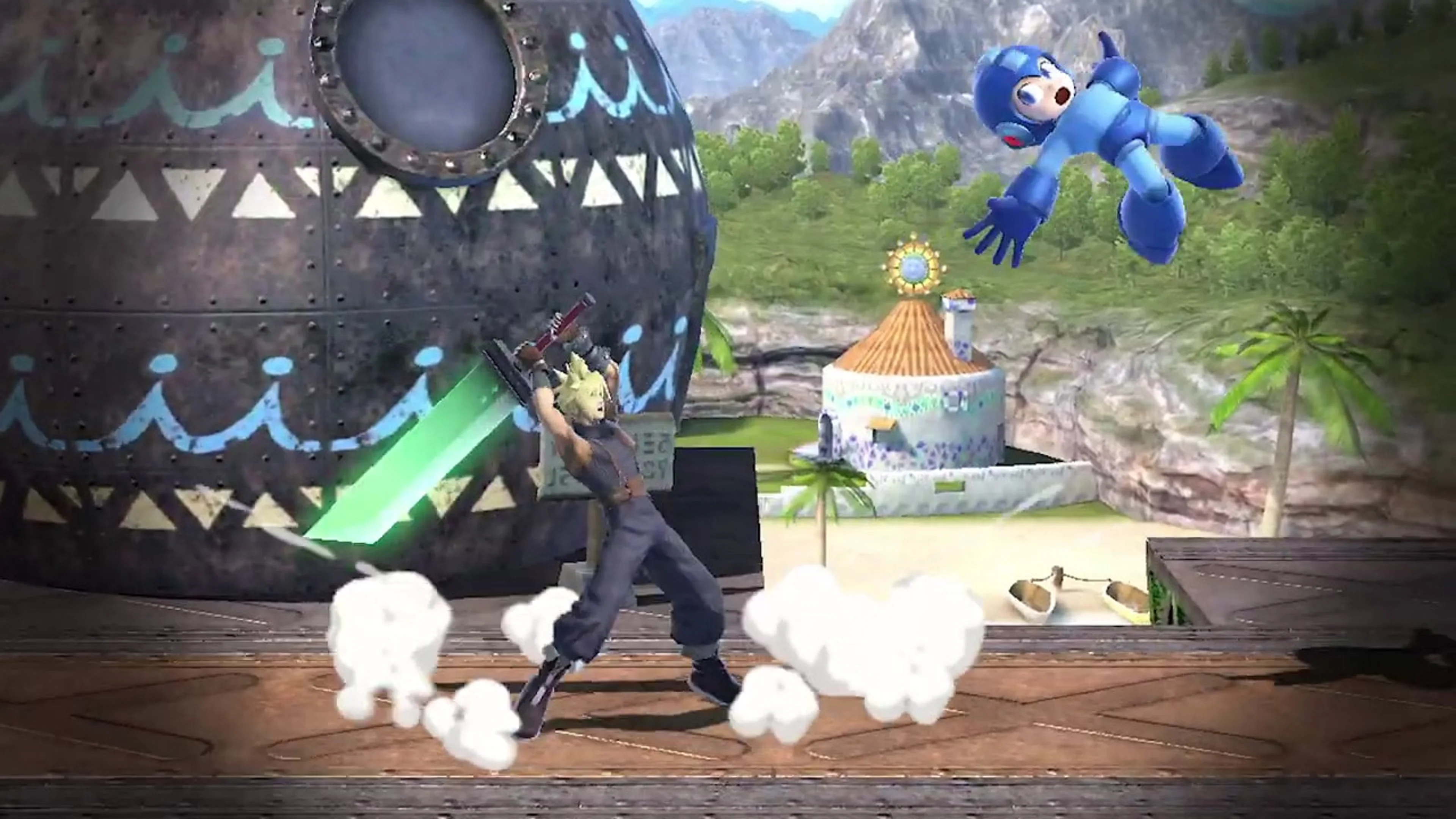 Cloud shifts through the air away from an attack, with another fighter and a stage below.