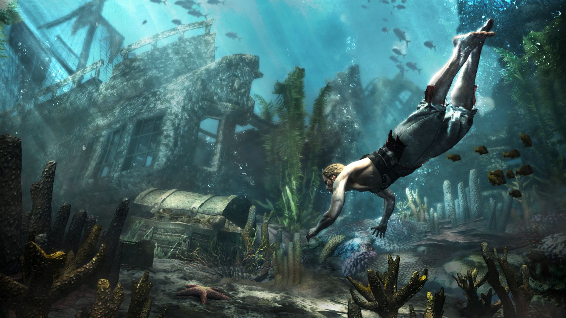 Edward dives toward an underwater ruin.