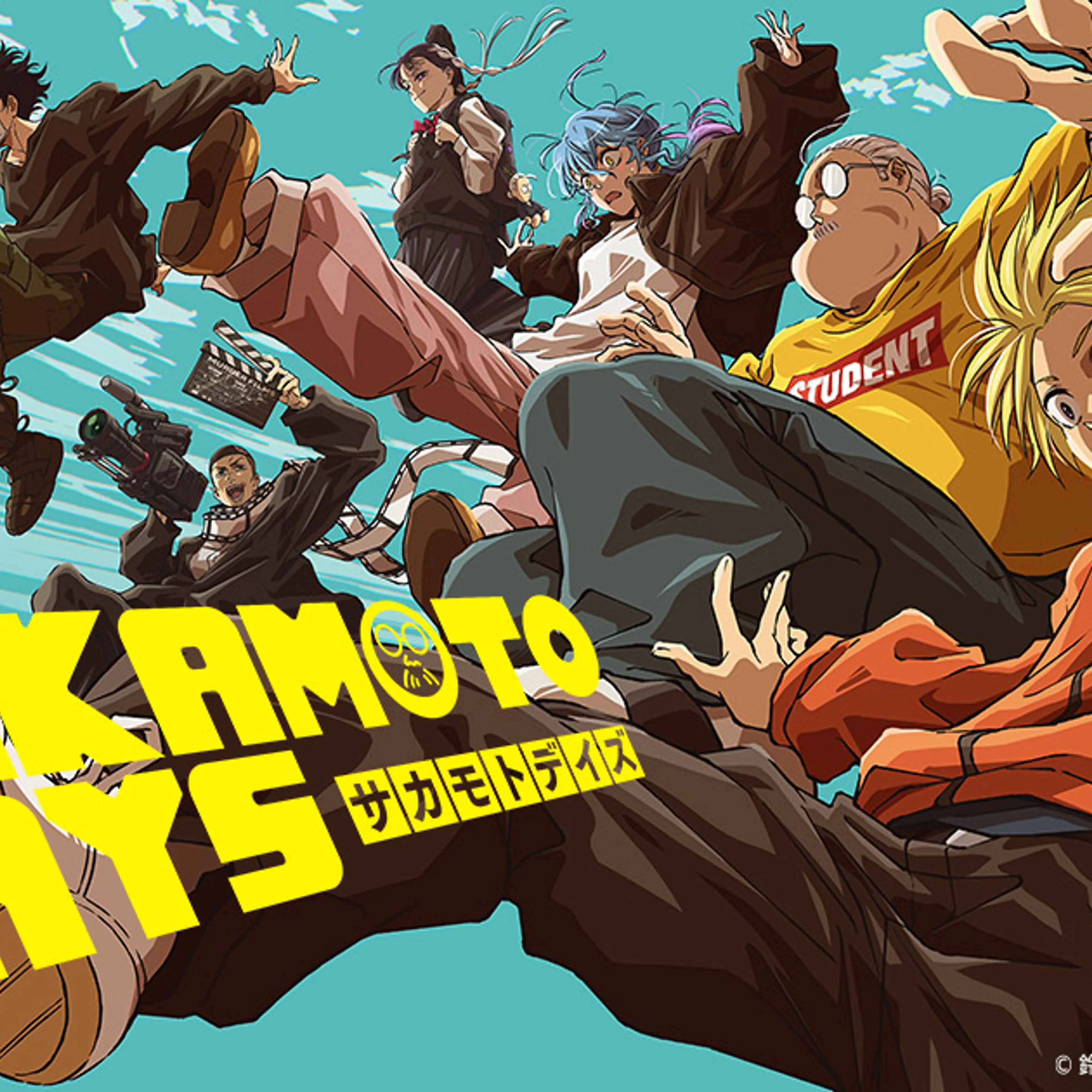 Official SAKAMOTO DAYS visual showing Taro Sakamoto, Shin, Lu, and other characters in motion.