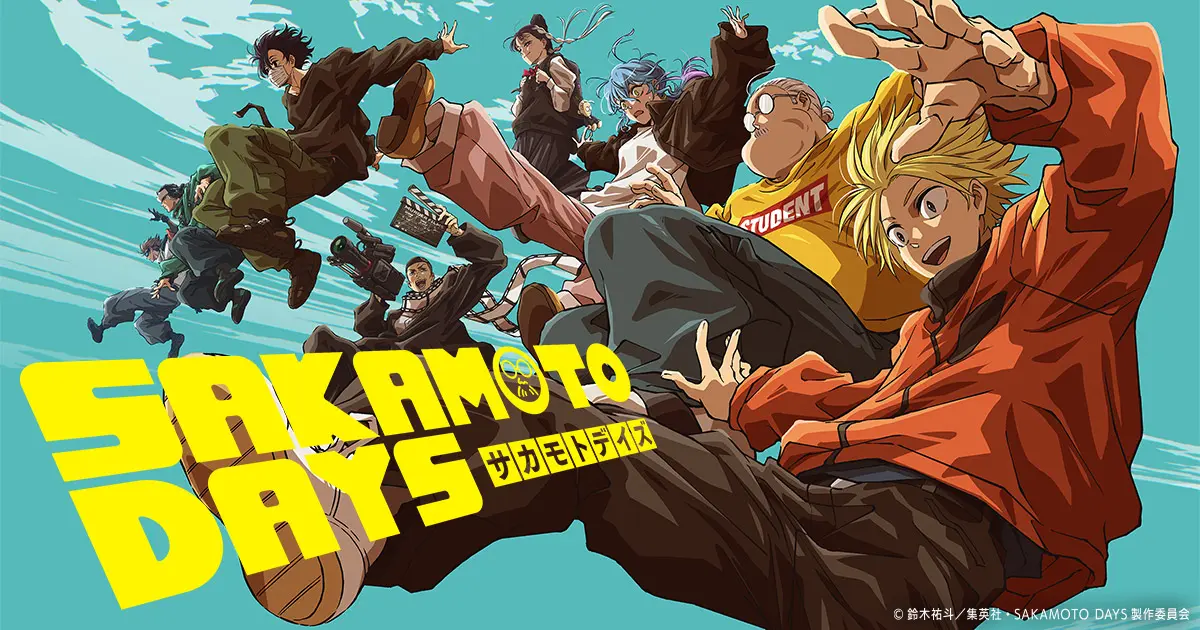 Official SAKAMOTO DAYS visual showing Taro Sakamoto, Shin, Lu, and other characters in motion.