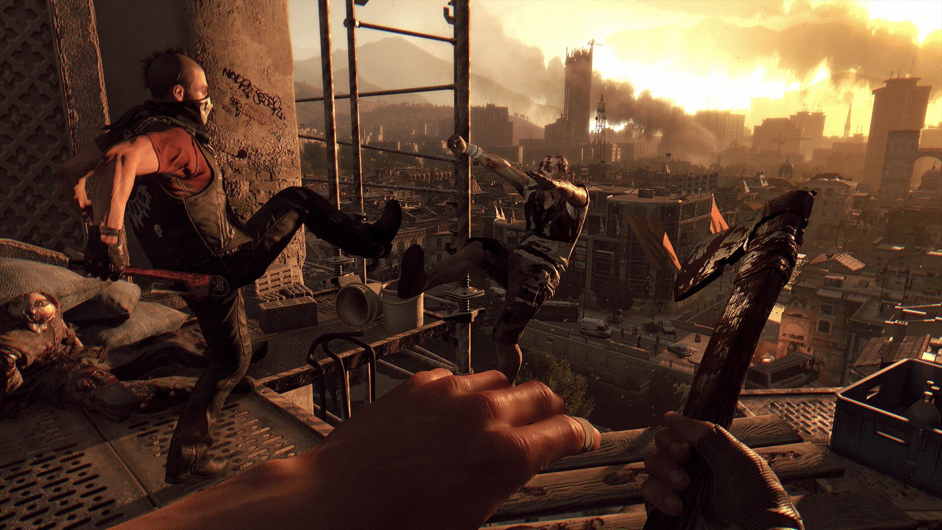 Kyle Crane leaps from a rooftop above the sunlit city of Harran while infected gather below.