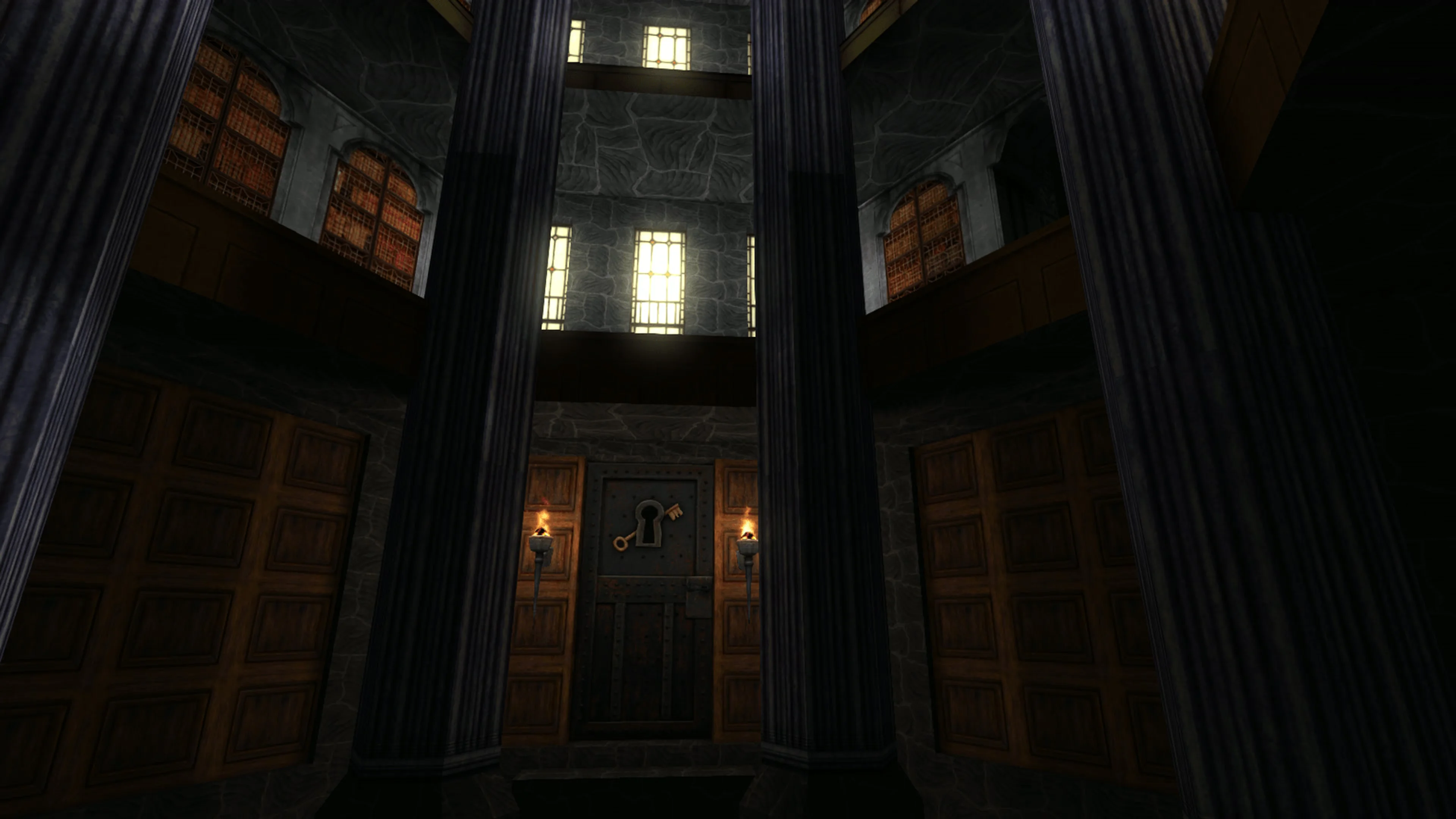 A tall, dimly lit hall inside Lord Bafford’s Manor in Thief: The Dark Project Remastered.