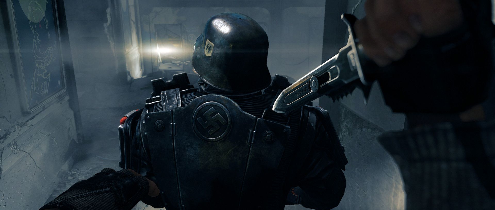 First-person view close behind an armored enemy in a dark passage.