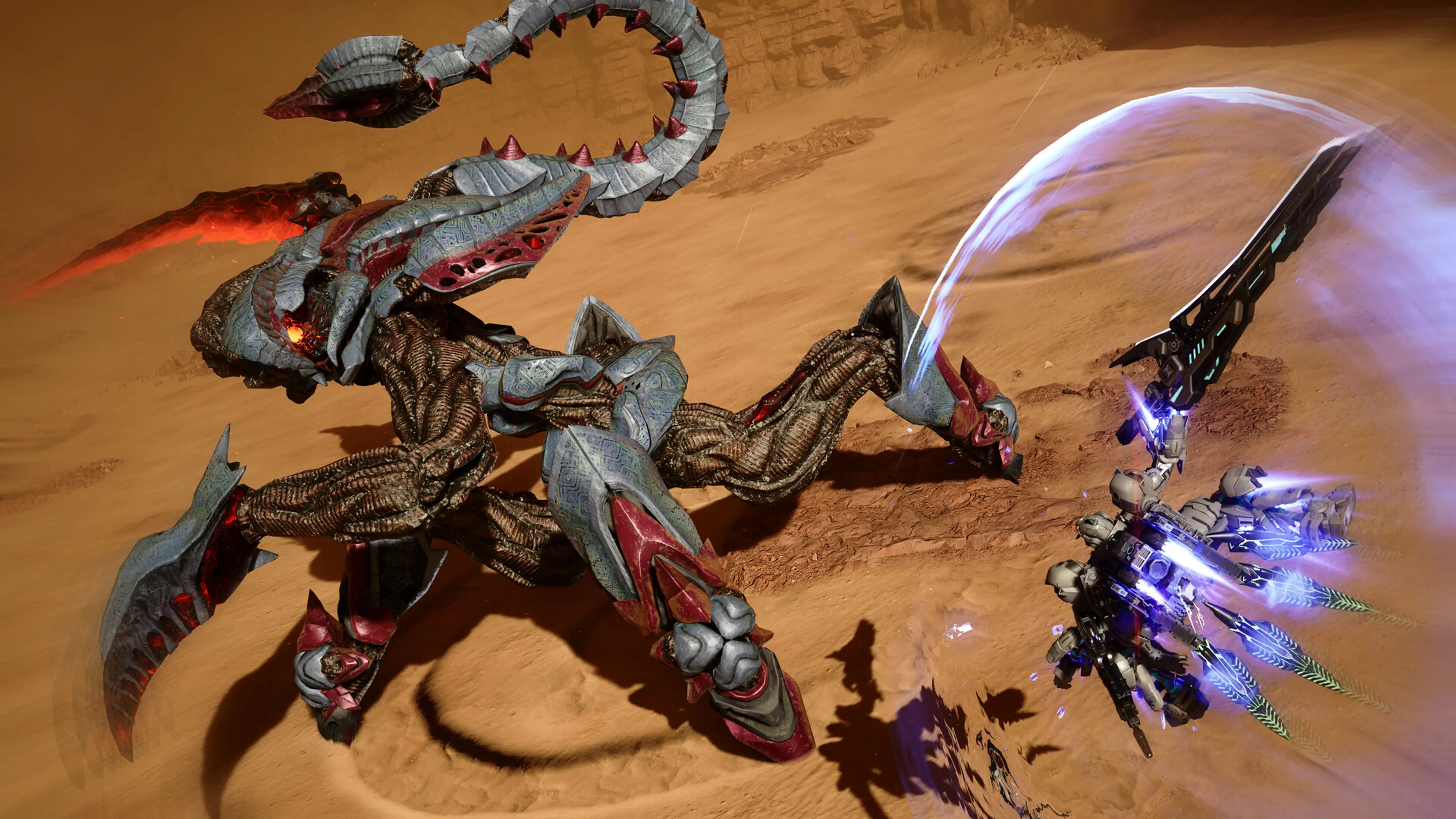 Gundam Helix fights a large scorpion-like Apocalypse creature in a desert.