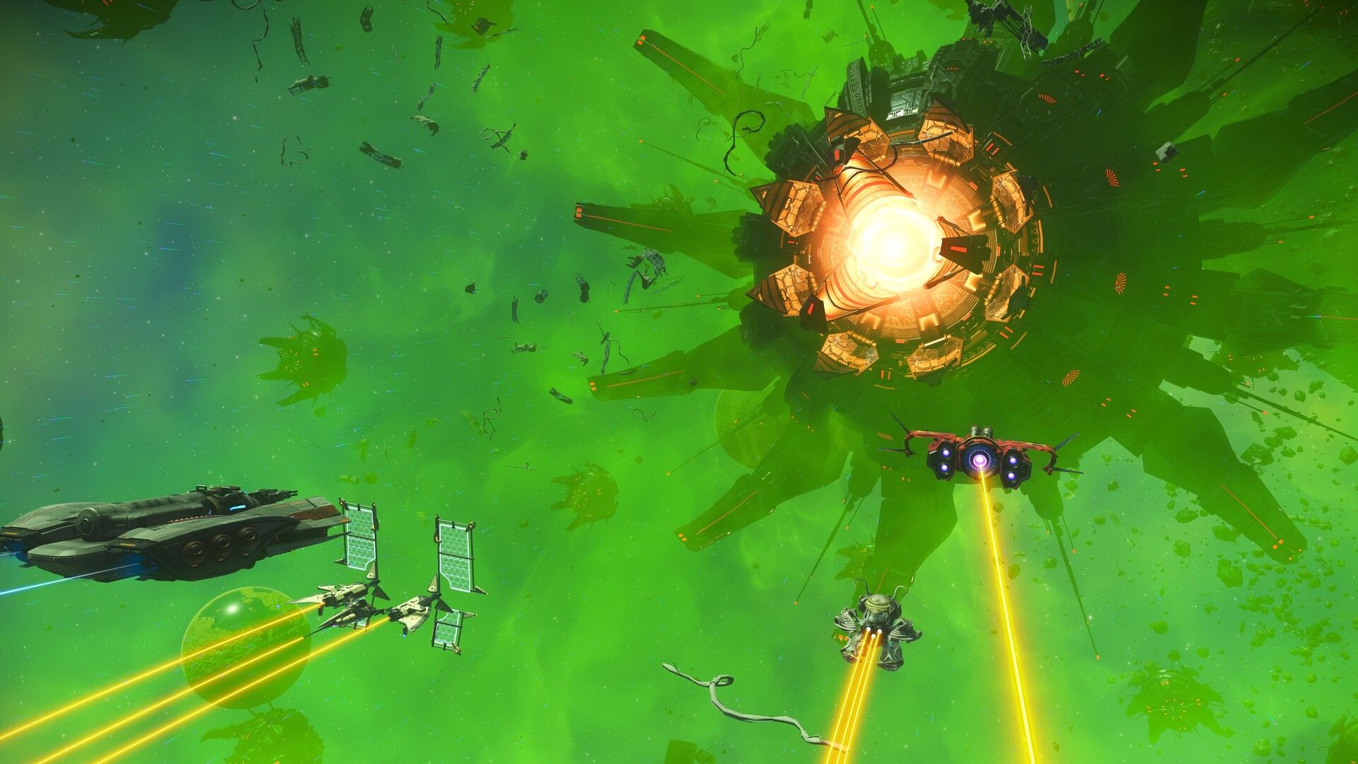 Starships fire toward a huge glowing structure in green space in No Man's Sky.