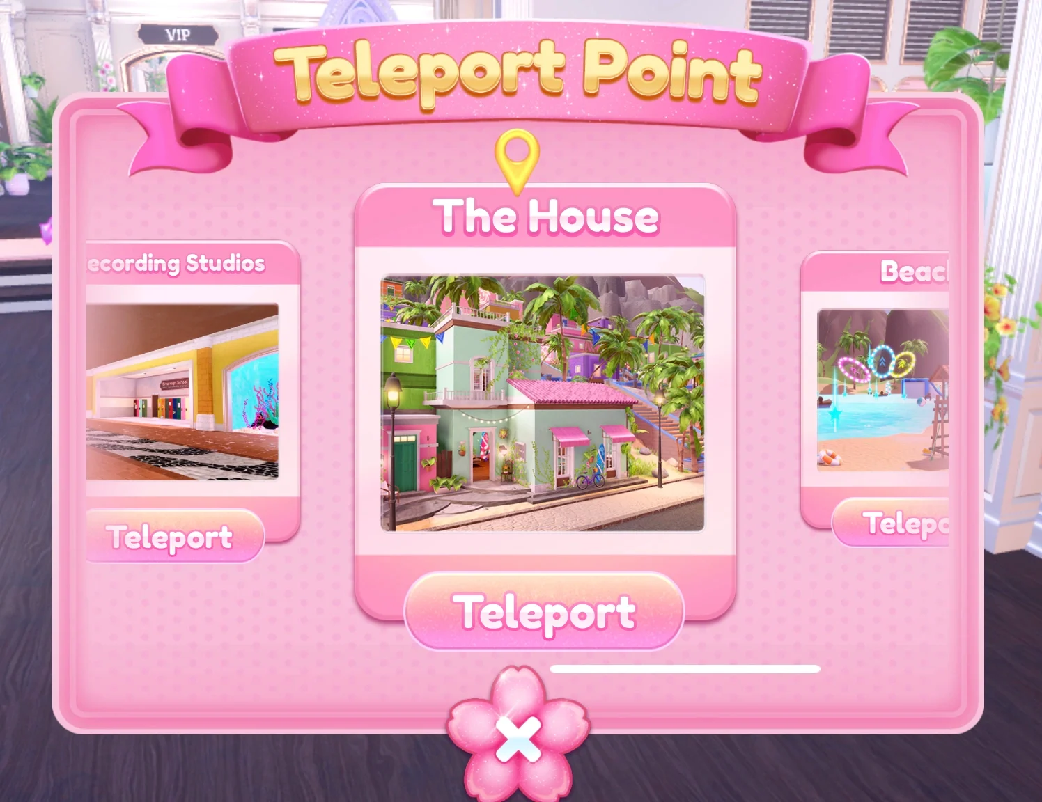 Dress To Impress Freeplay quick-teleport menu showing Recording Studios, The House, and Beach destinations.
