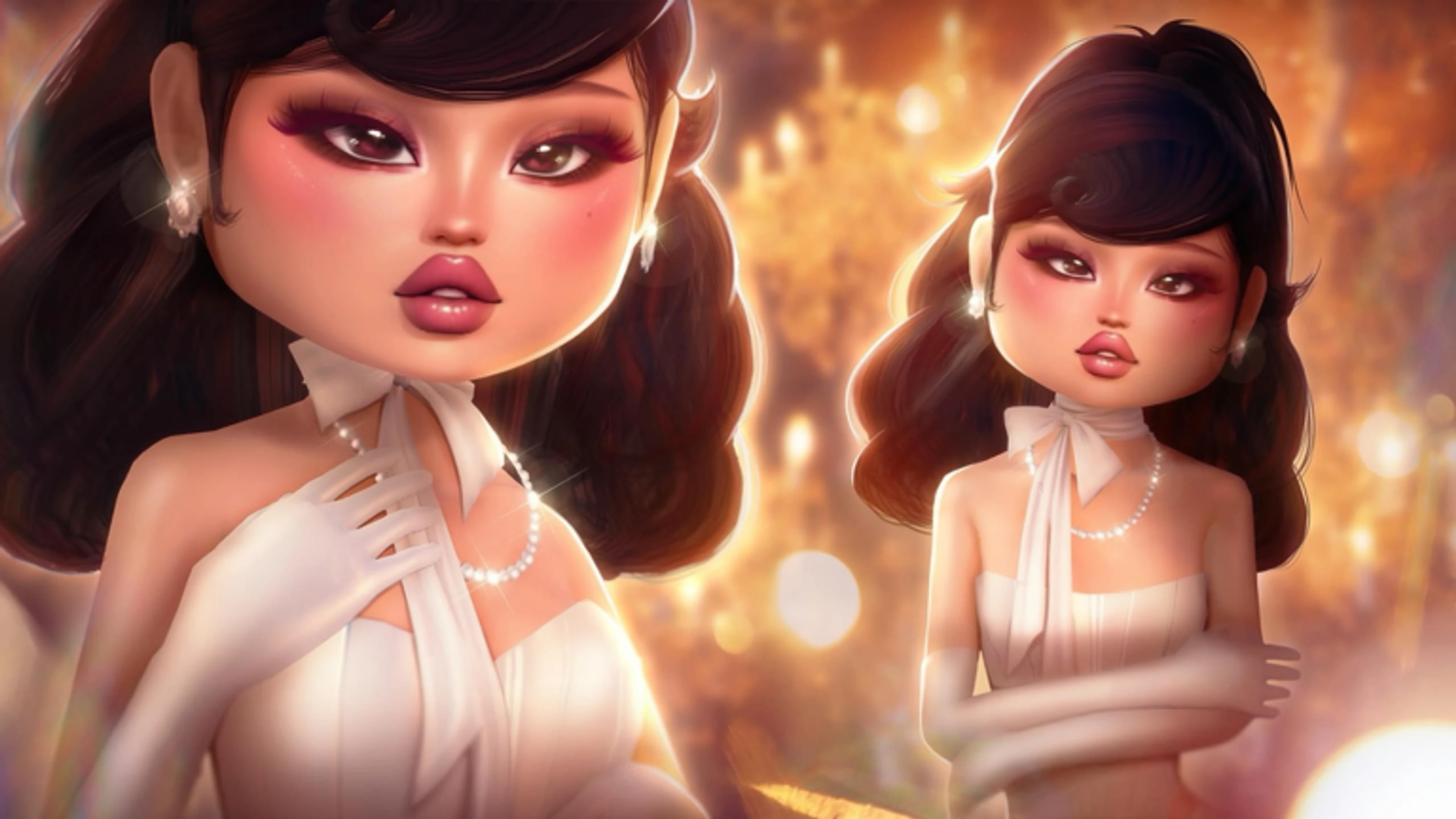 Two Dress To Impress characters wearing coordinated white evening outfits.