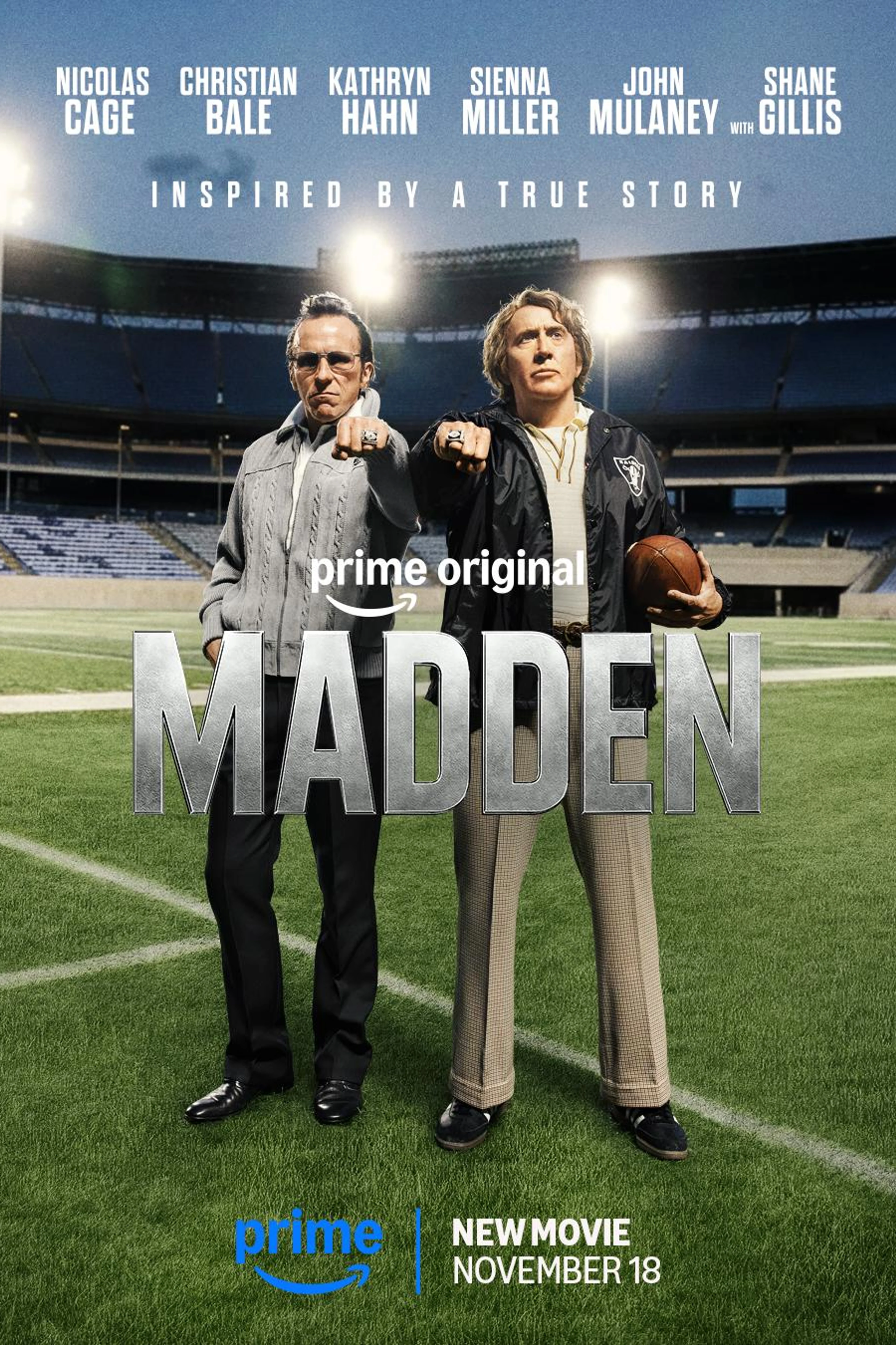 Official Madden movie poster with Christian Bale and Nicolas Cage on the Raiders field.