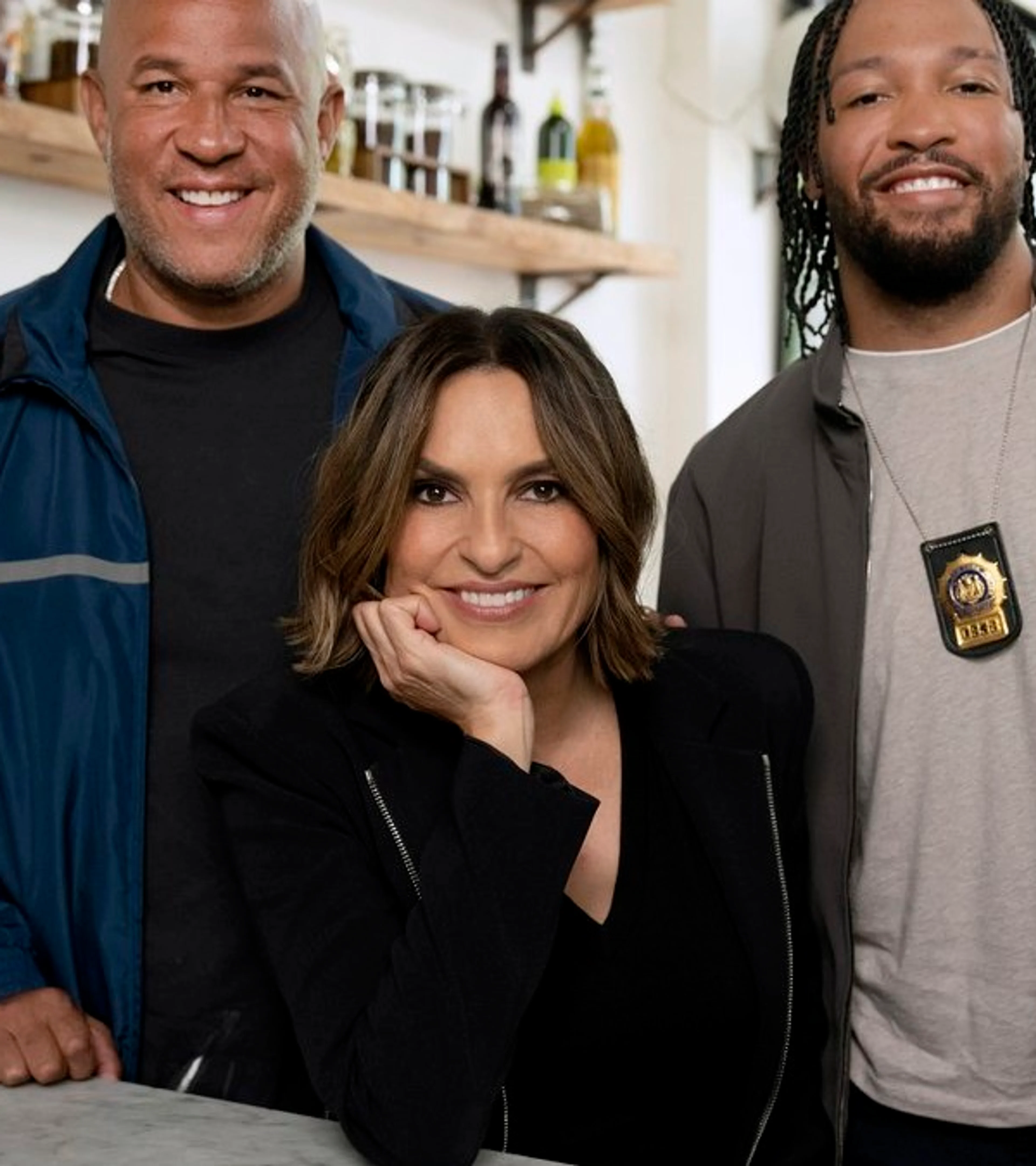 Mariska Hargitay stands with Jalen Brunson and Ice-T on the Law & Order: SVU set.