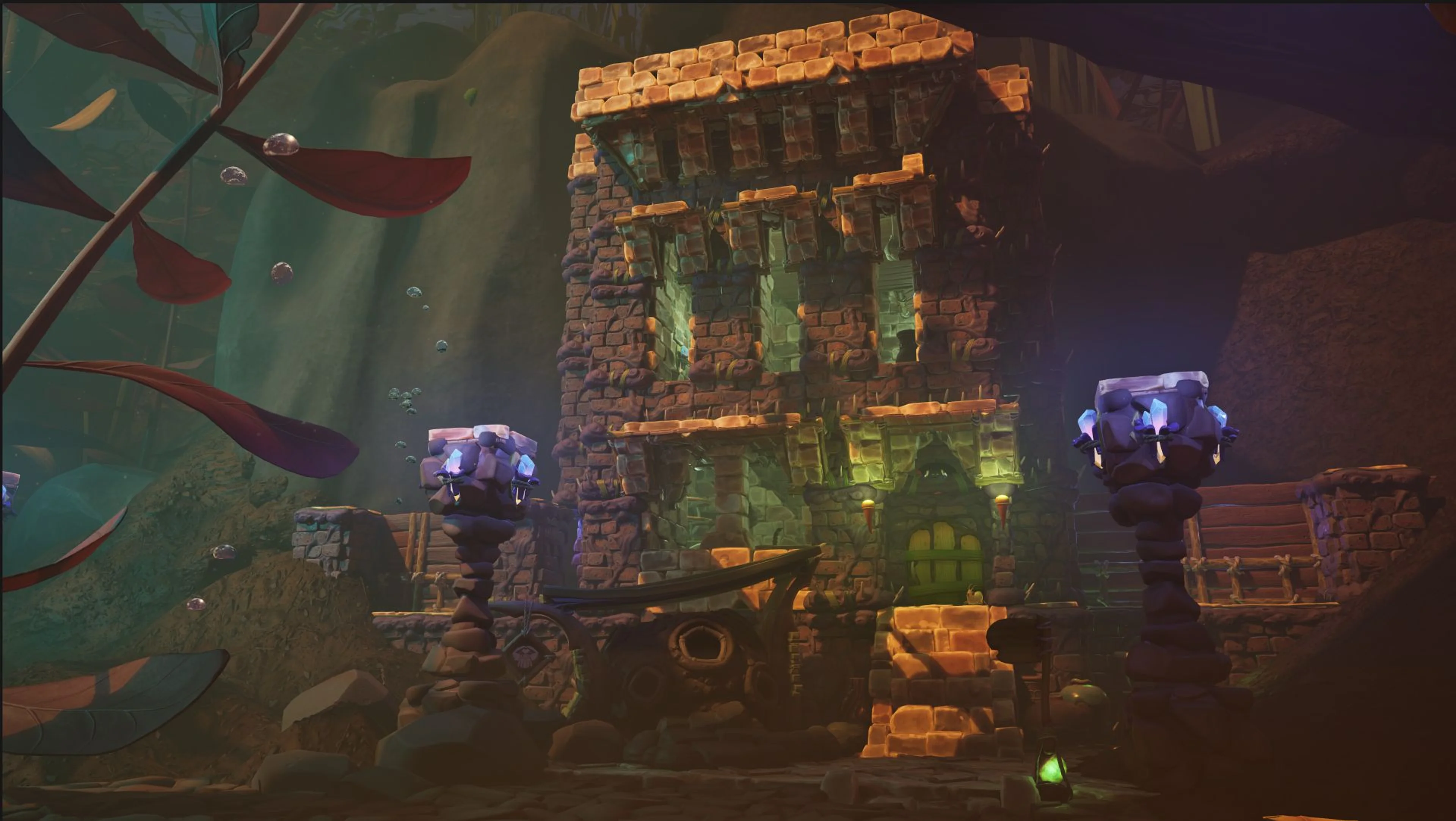 A brick underwater base glows inside Grounded 2’s Skunk Pond.