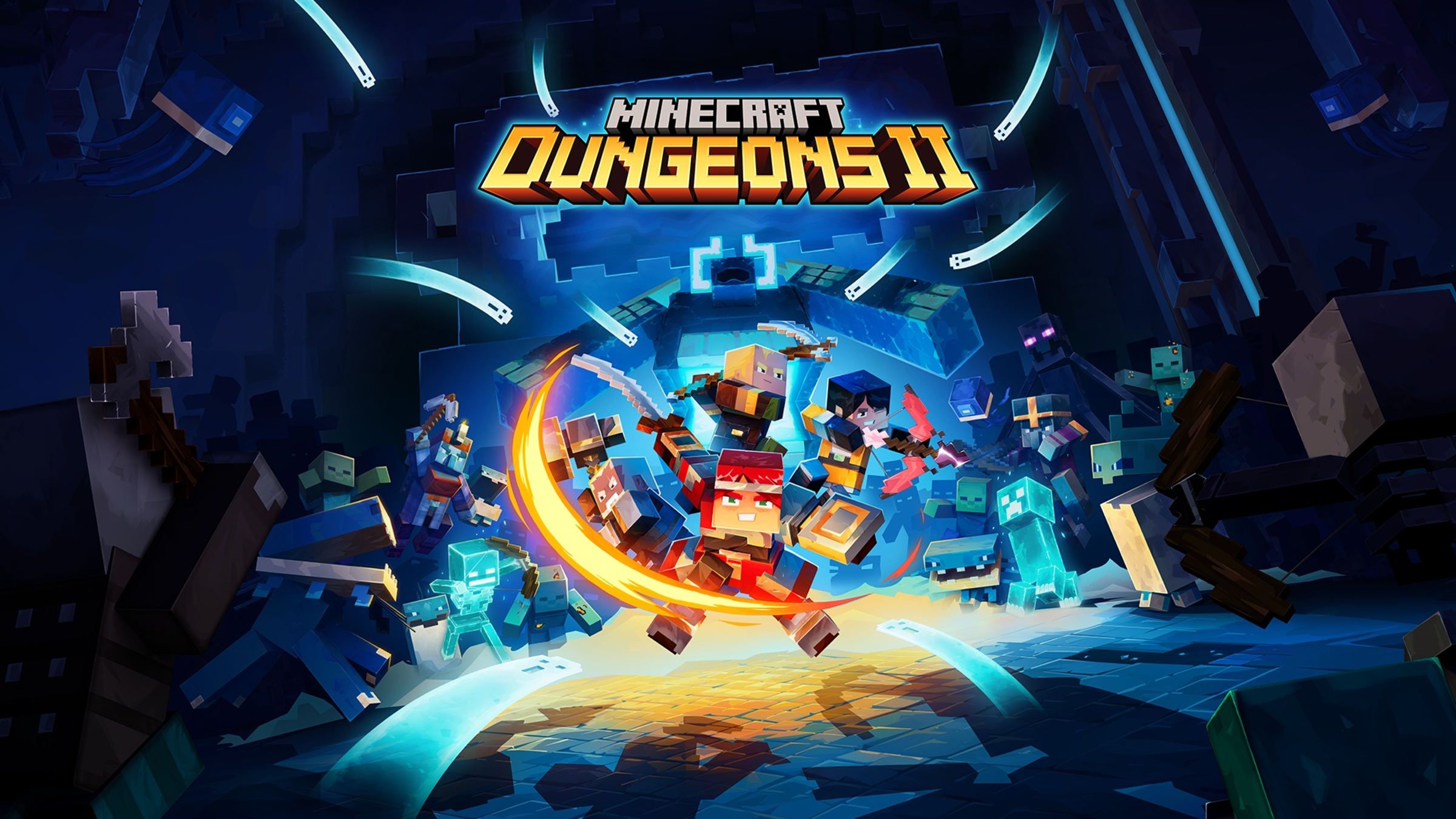 Official Minecraft Dungeons II horizontal game cover with title logo and four heroes.