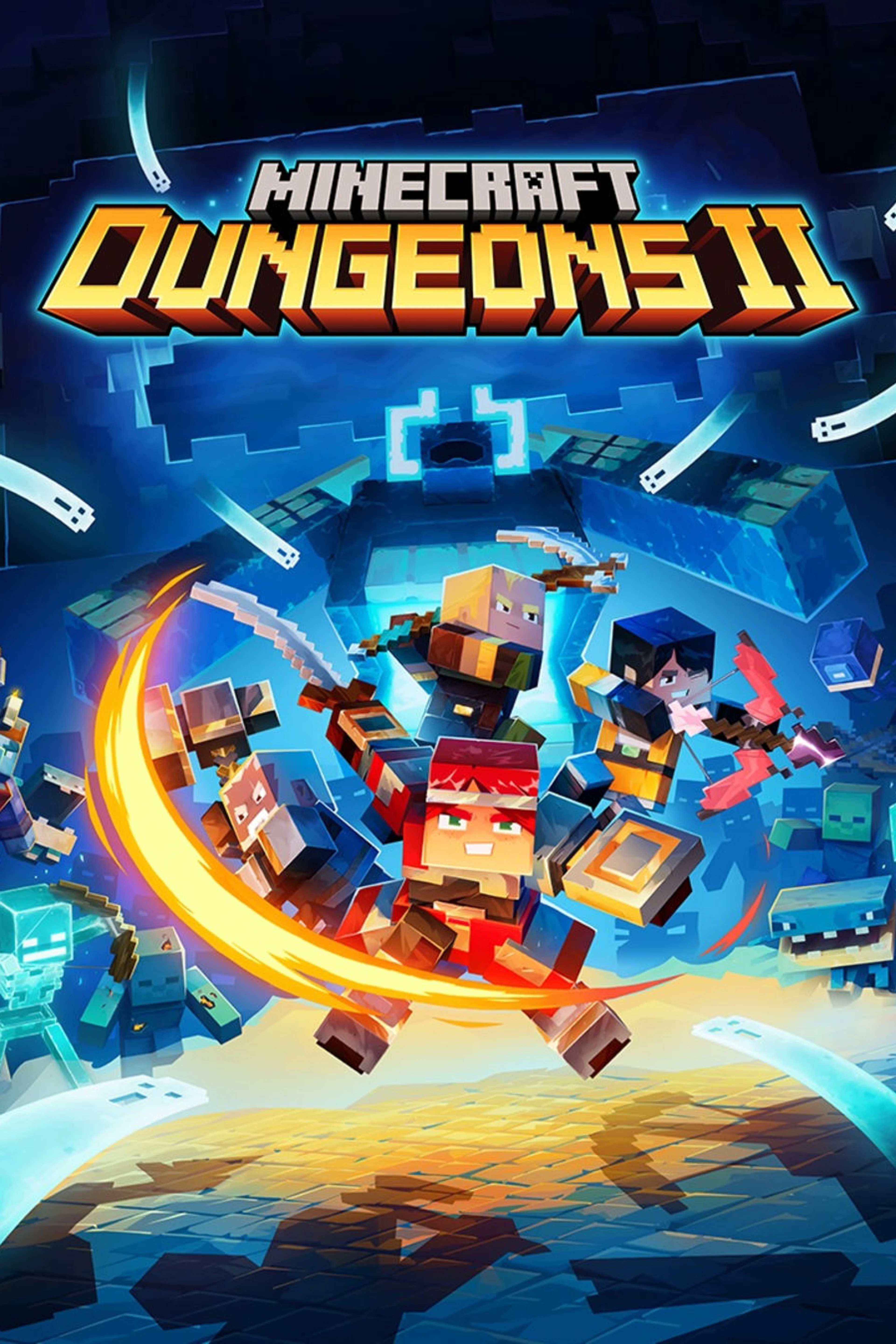 Official Minecraft Dungeons II horizontal game cover with title logo and four heroes.