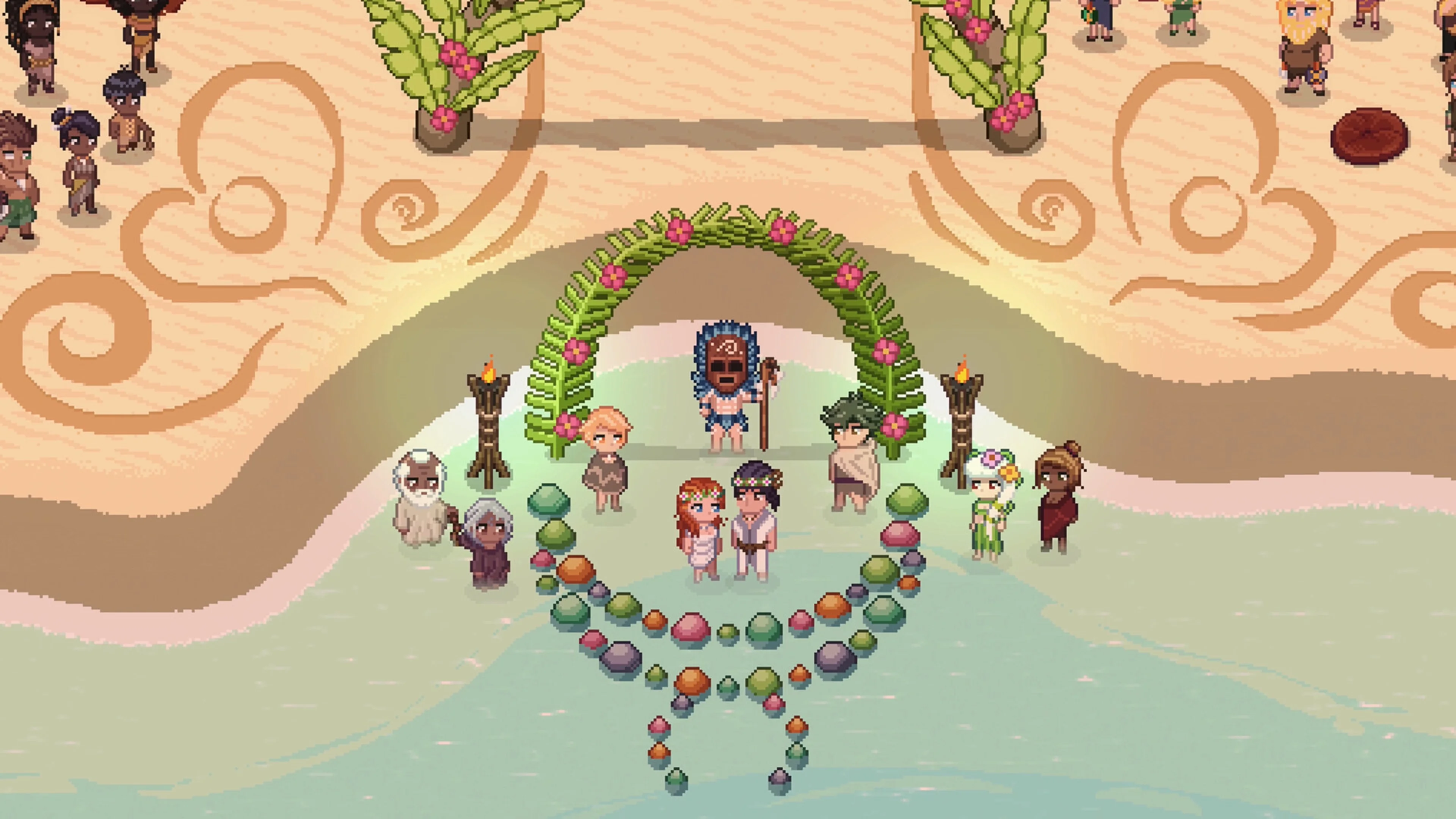 Villagers gather around a decorated circle in Roots of Pacha.
