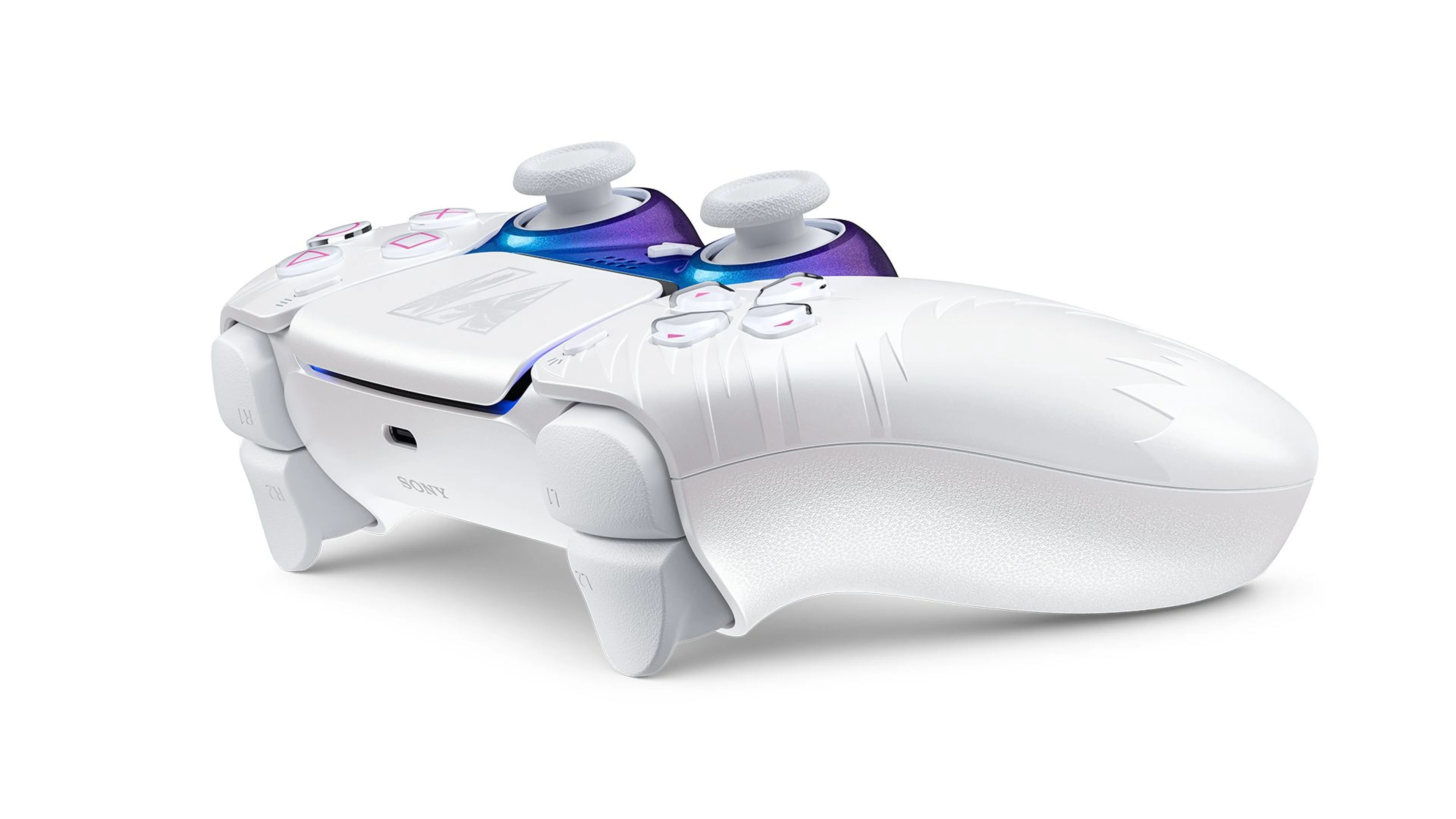 The white Grand Theft Auto VI DualSense controller is shown from an angled view, with palm-tree details and a purple-blue center.
