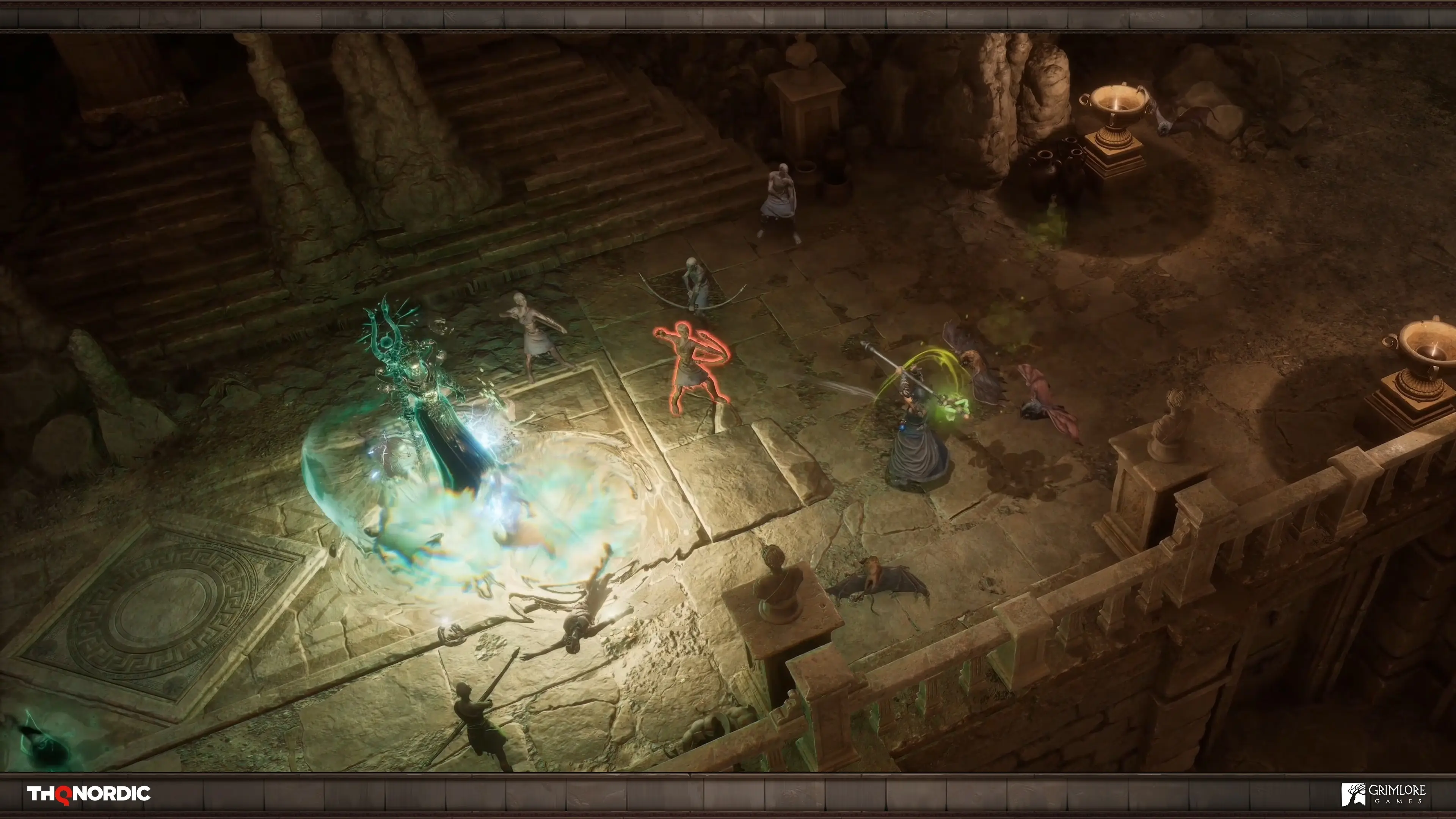 Spectral allies fight around a Spirit hero inside a ruin.