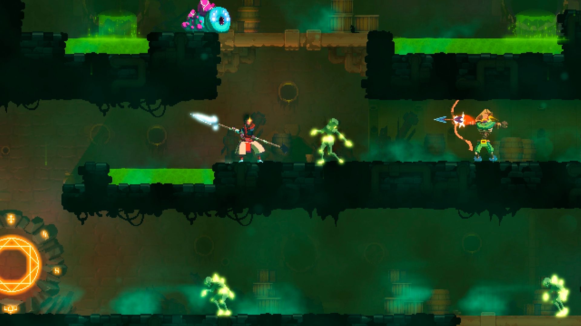 The hero attacks an enemy in a green multi-level room while other enemies wait nearby.