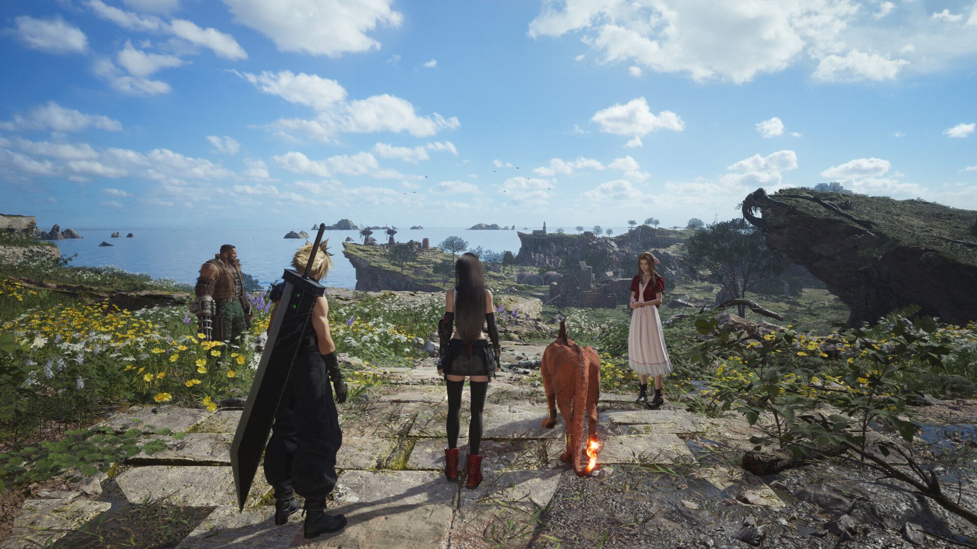Cloud and his party look across a wide green landscape.