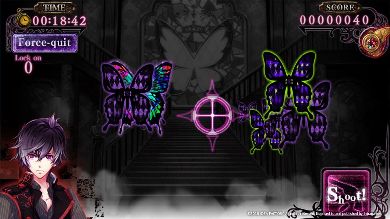 The butterfly-shooting minigame shows its crosshair, timer and score in Psychedelica of the Black Butterfly.