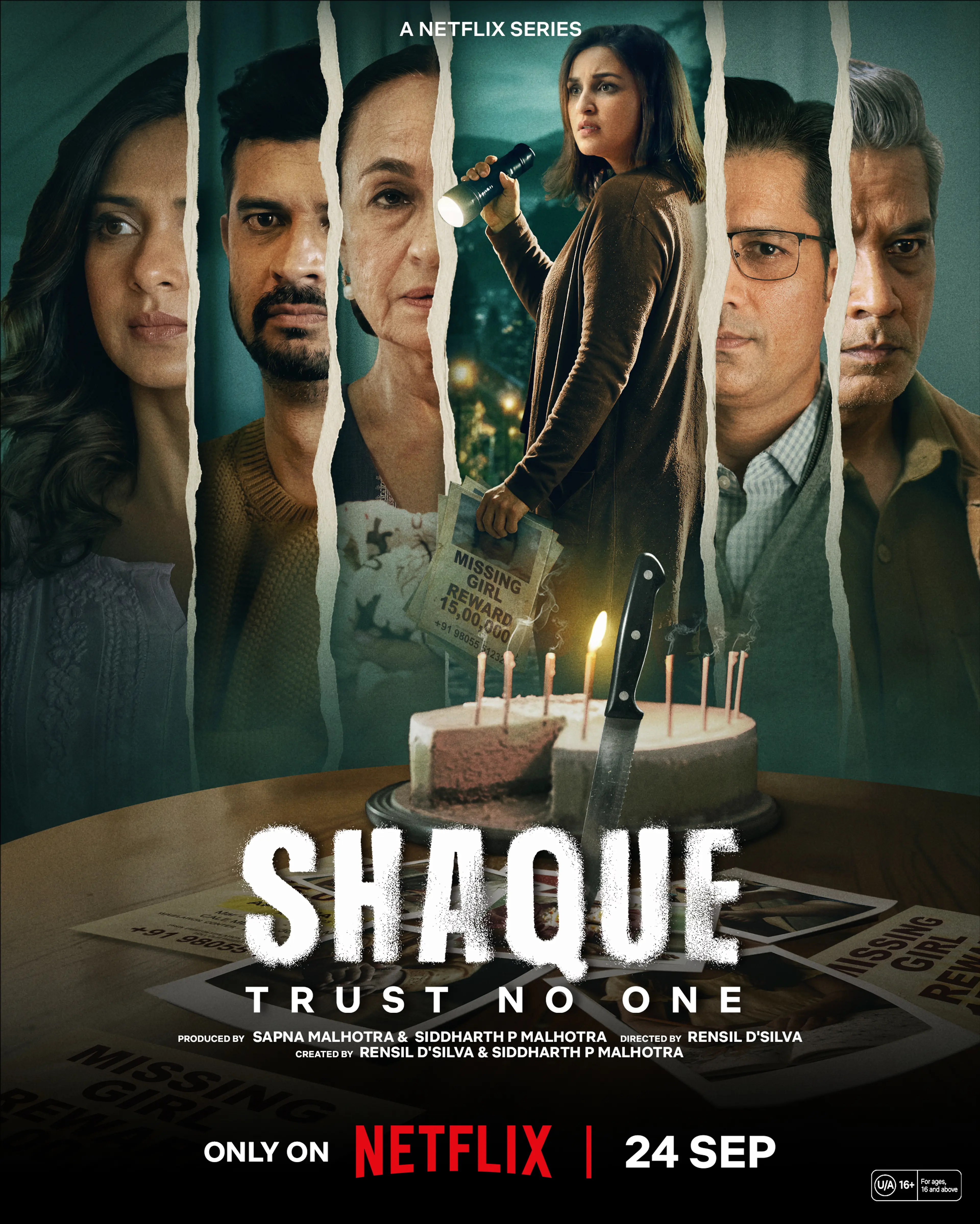 Official Shaque: Trust No One portrait poster, with the cast around a missing-child flyer and birthday cake.