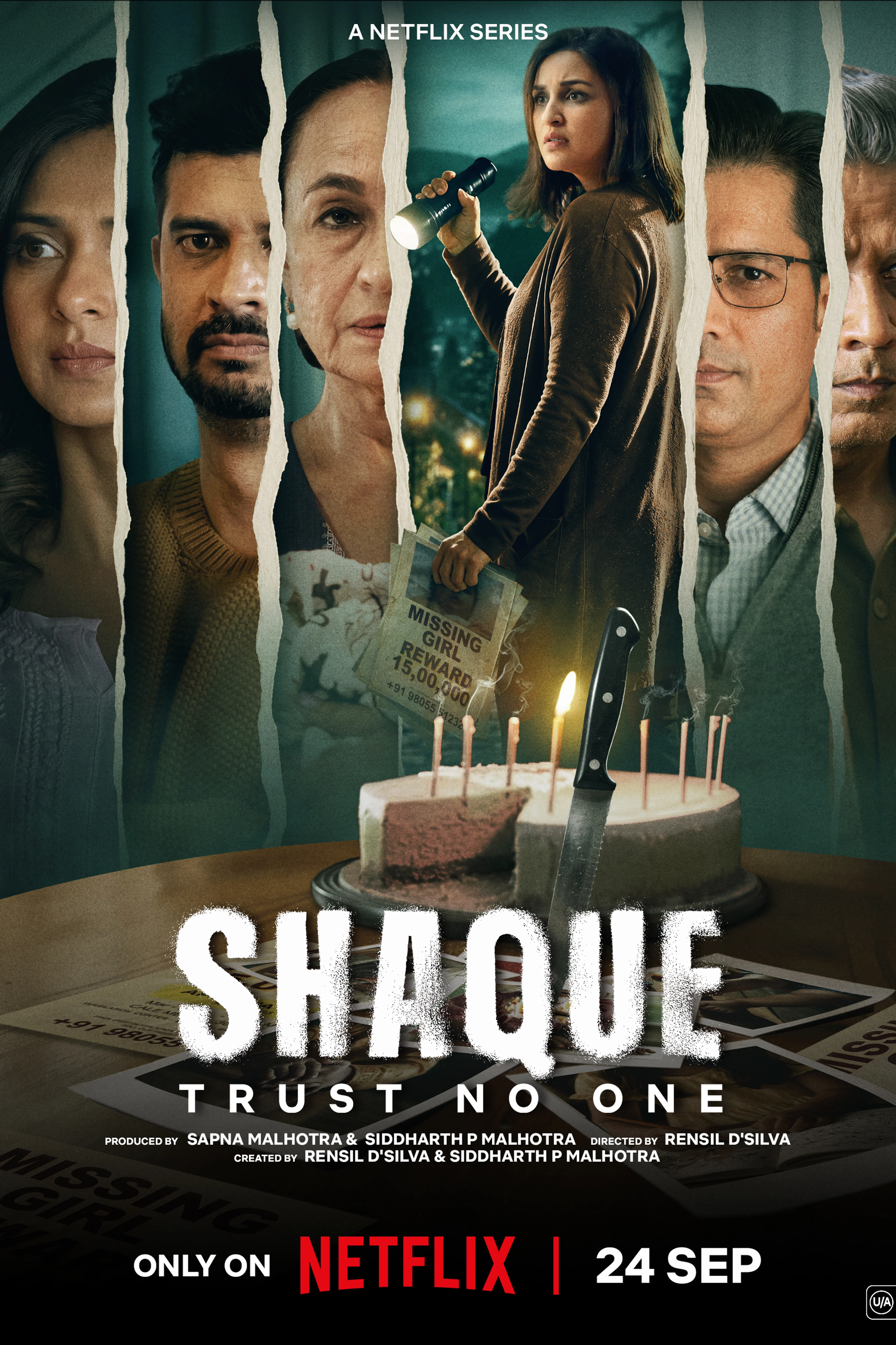 Official Shaque: Trust No One portrait poster, with the cast around a missing-child flyer and birthday cake.
