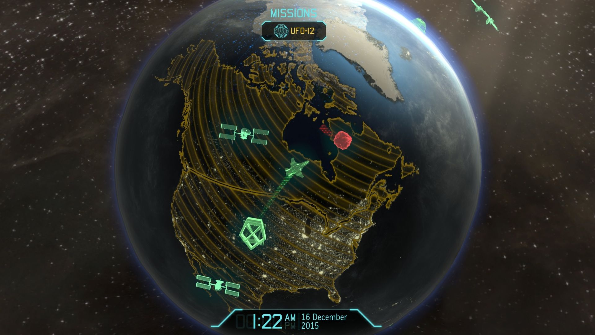 The XCOM globe shows an active alien threat and mission markers across Earth.